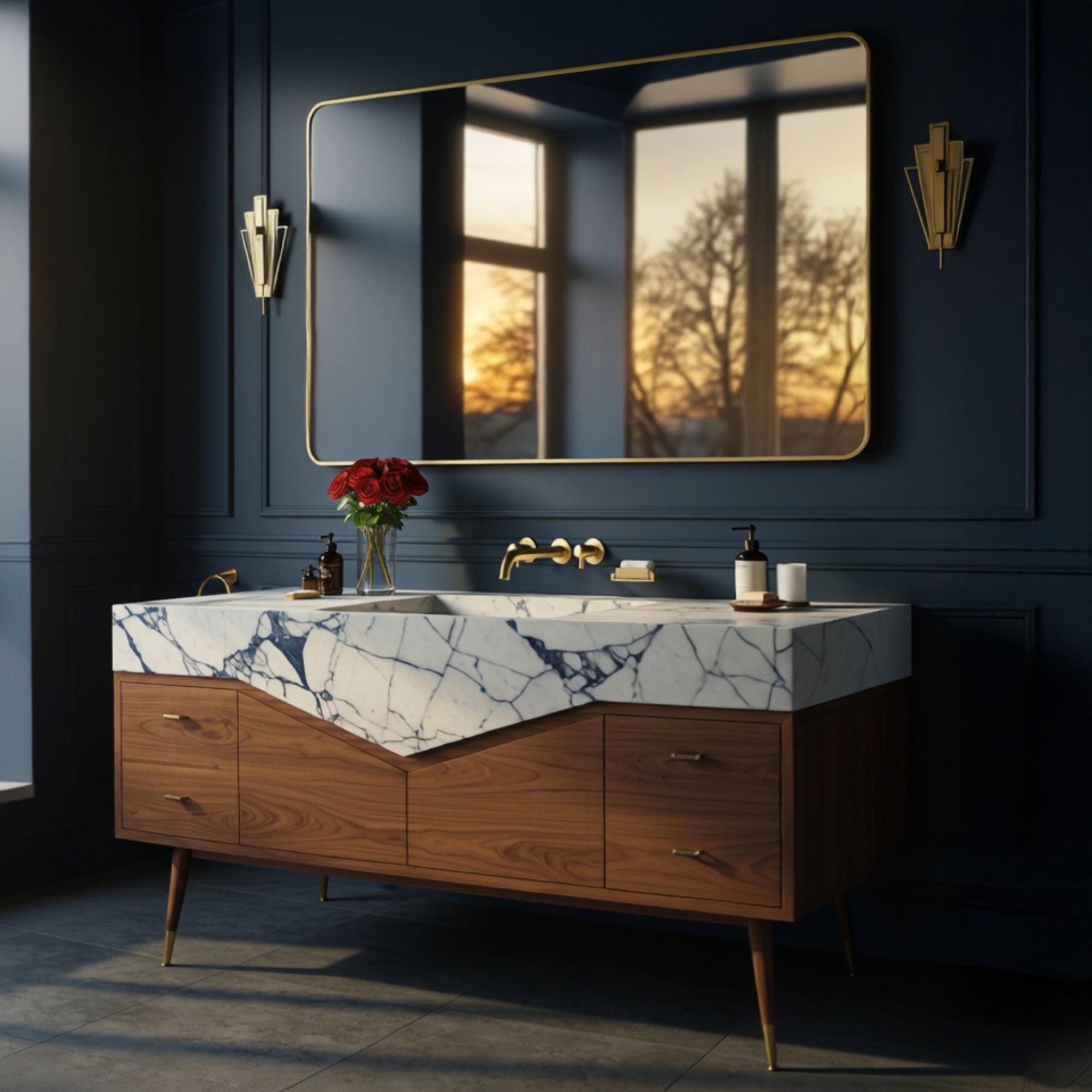 A sculptural Calacatta Viola marble vanity with a bold V-shaped profile, balanced by warm walnut cabinetry and clean architectural lines.
