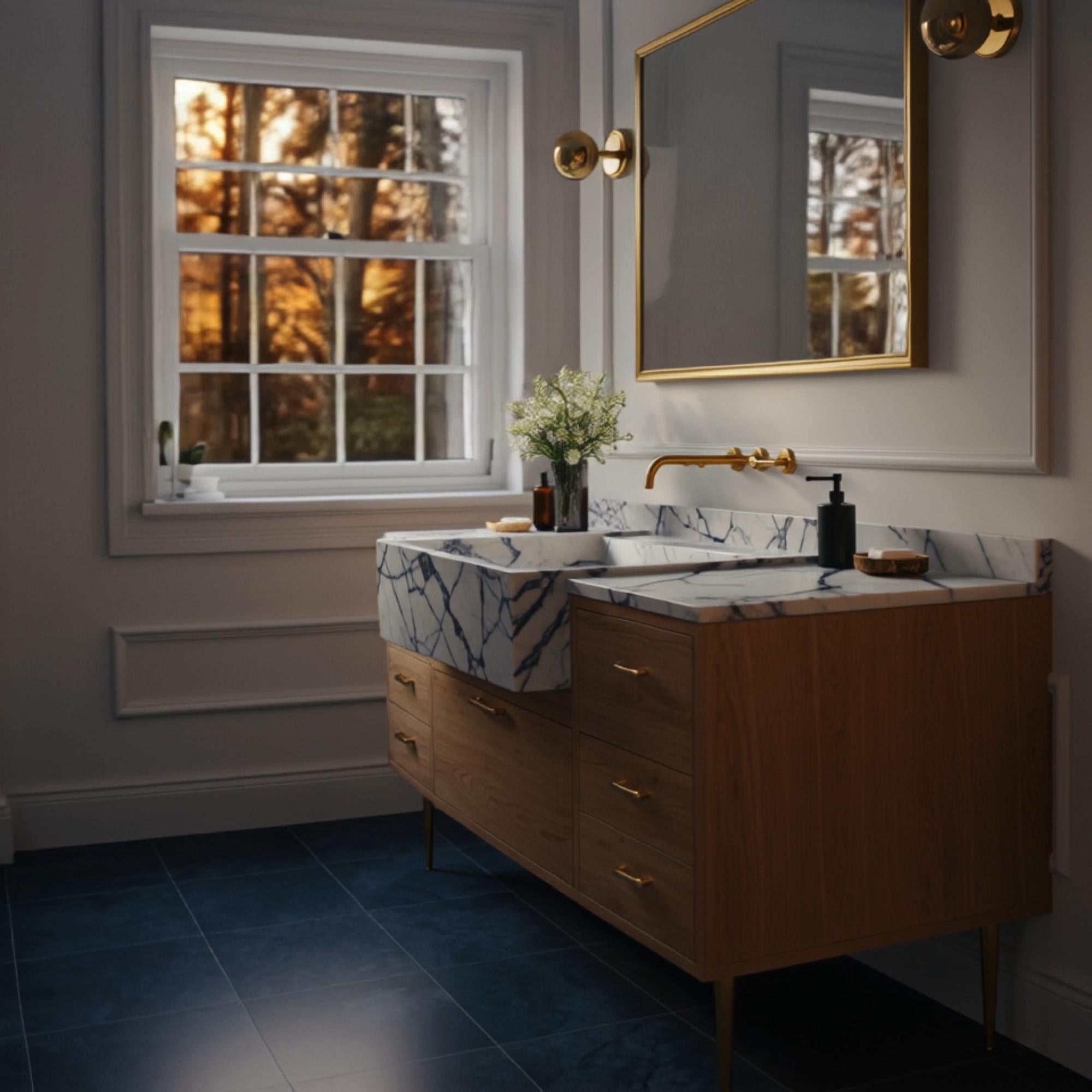 A sculptural Calacatta Viola marble apron-front vanity paired with clean-lined oak cabinetry, highlighting balance and craftsmanship.
