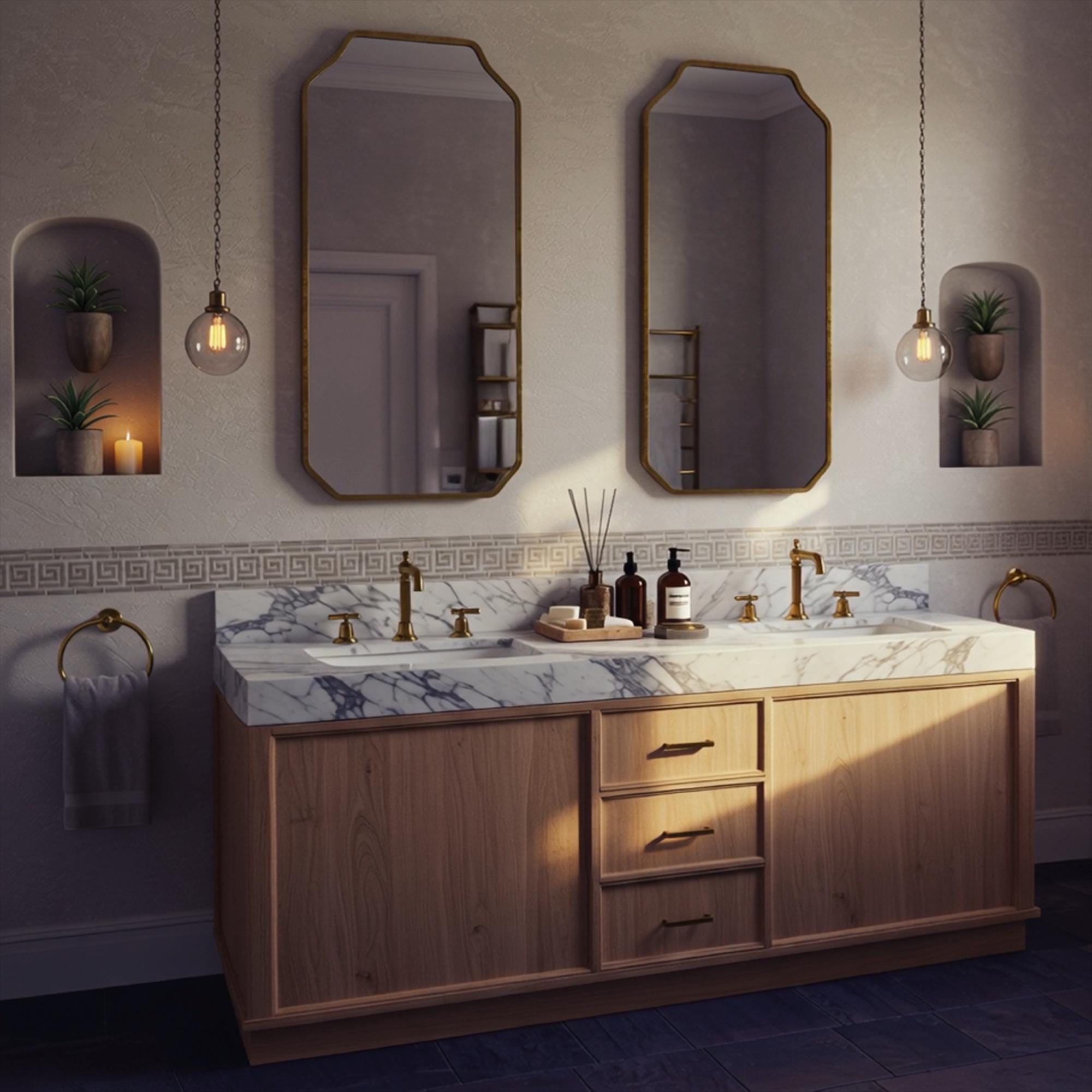 A Calacatta Viola marble double vanity crafted from natural stone, featuring bold veining and a natural oak cabinet in a luxury interior.
