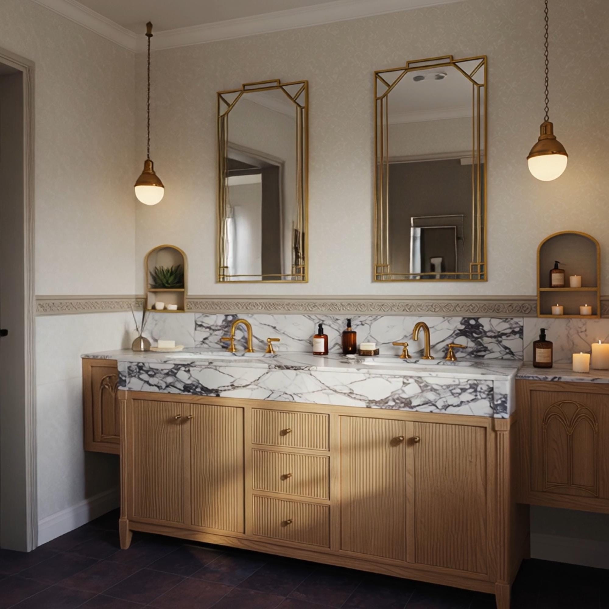 A Calacatta Viola marble double vanity crafted from natural stone, featuring bold veining and a fluted oak cabinet in a refined luxury setting.
