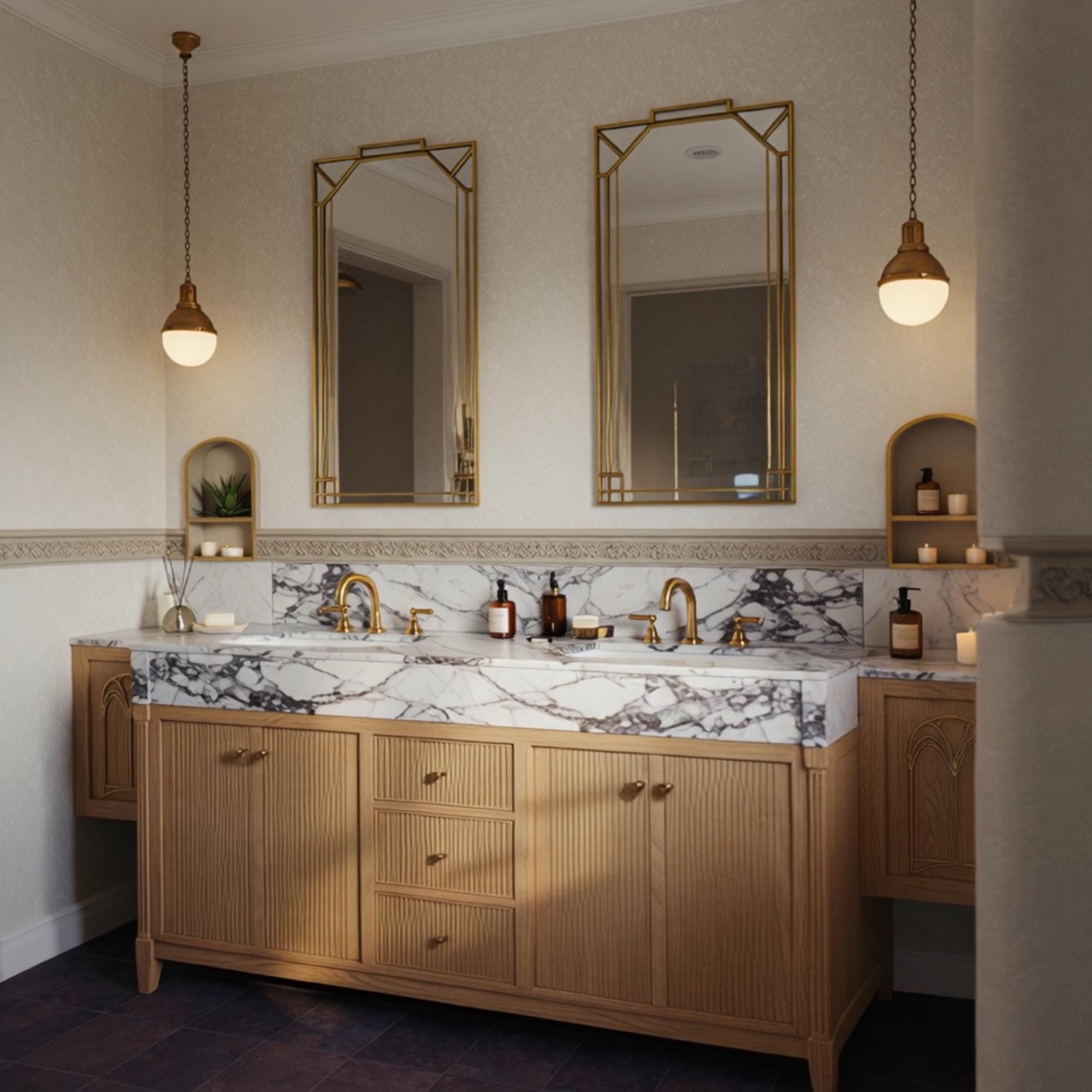 A Calacatta Viola double vanity featuring dramatic marble veining, fluted oak cabinet fronts, and refined brass hardware.
