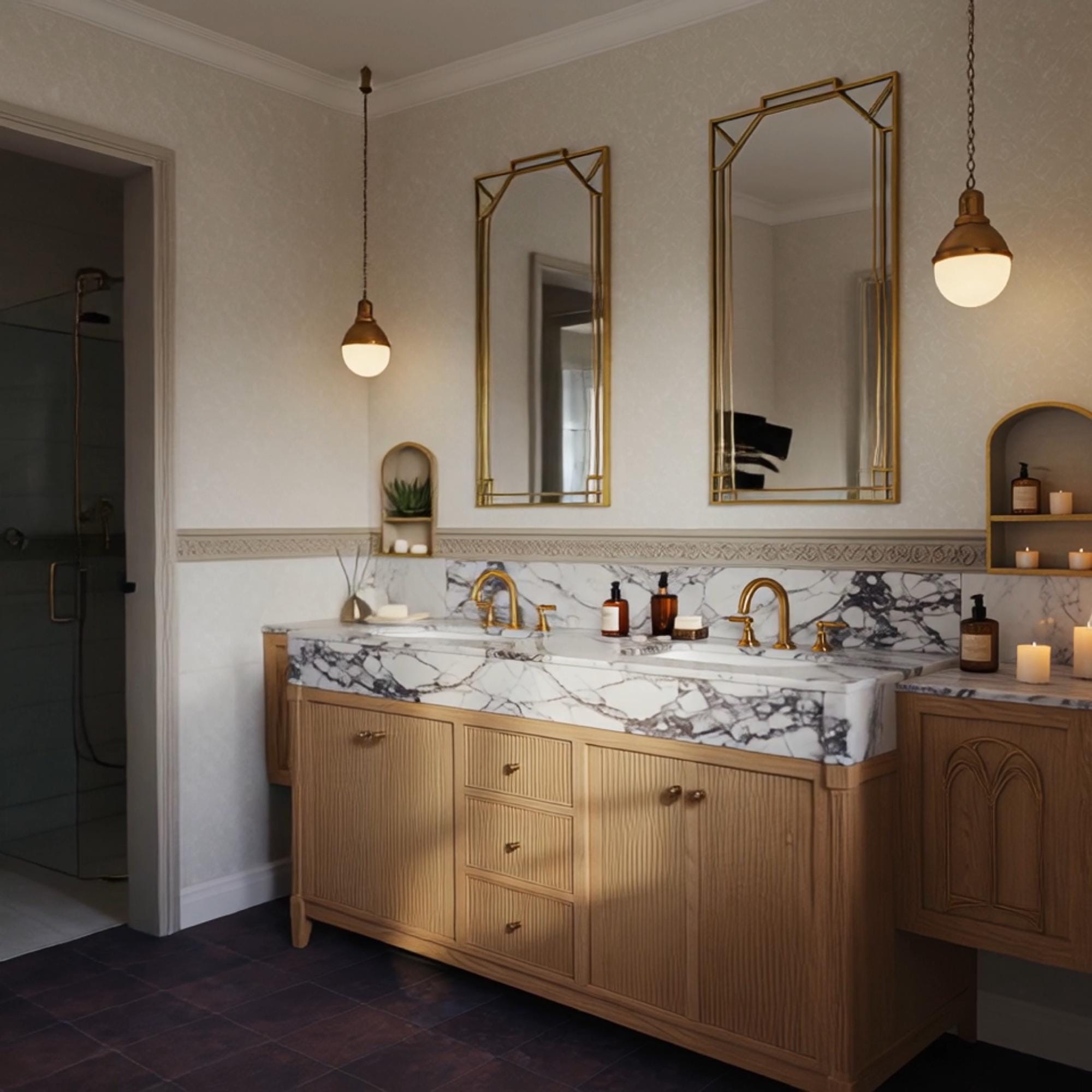 A Calacatta Viola double sink vanity styled with fluted oak cabinets, warm lighting, and classic brass accents in a sophisticated bathroom.
