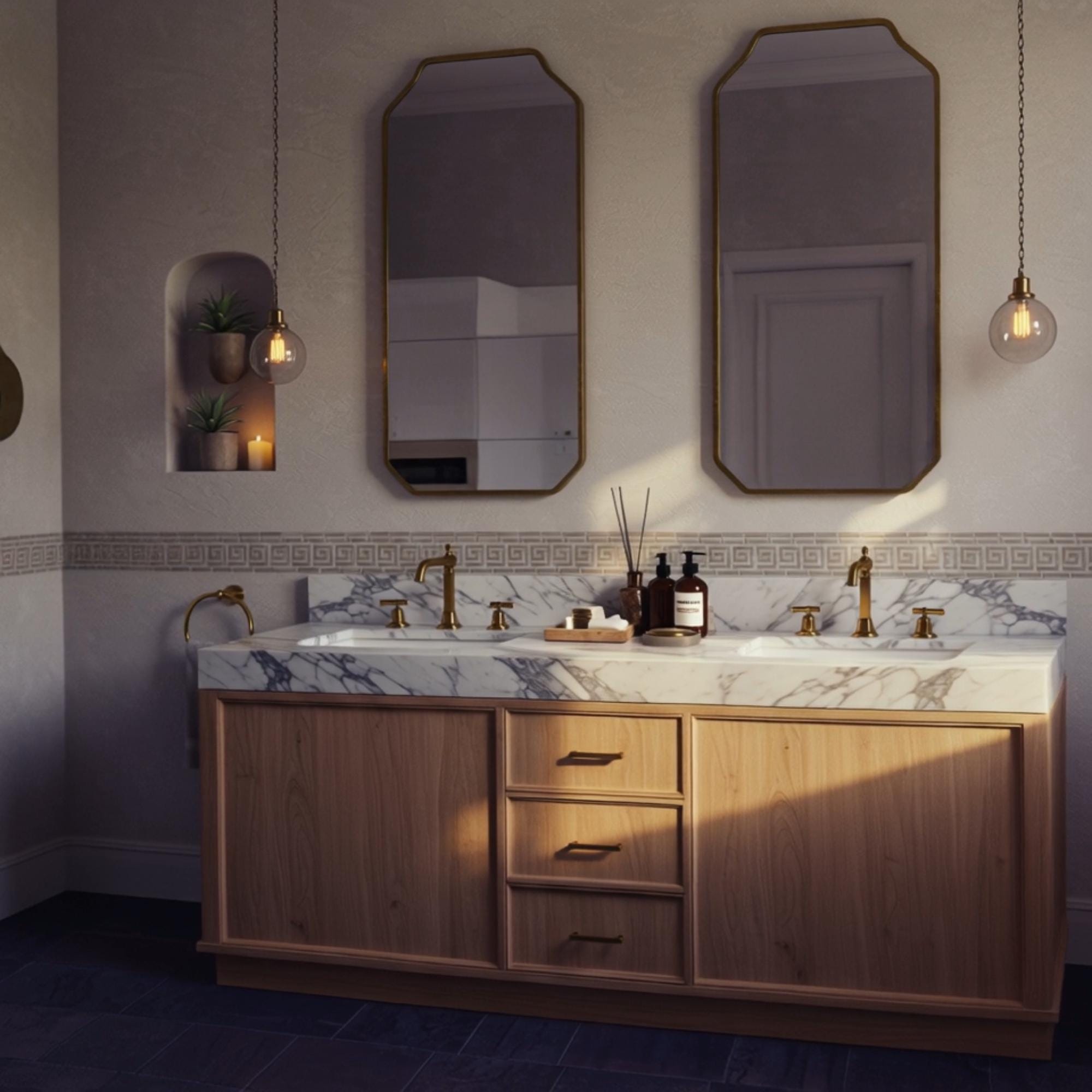 A sculptural Calacatta Viola marble double vanity paired with a natural oak cabinet, offering a timeless and elegant bathroom design.
