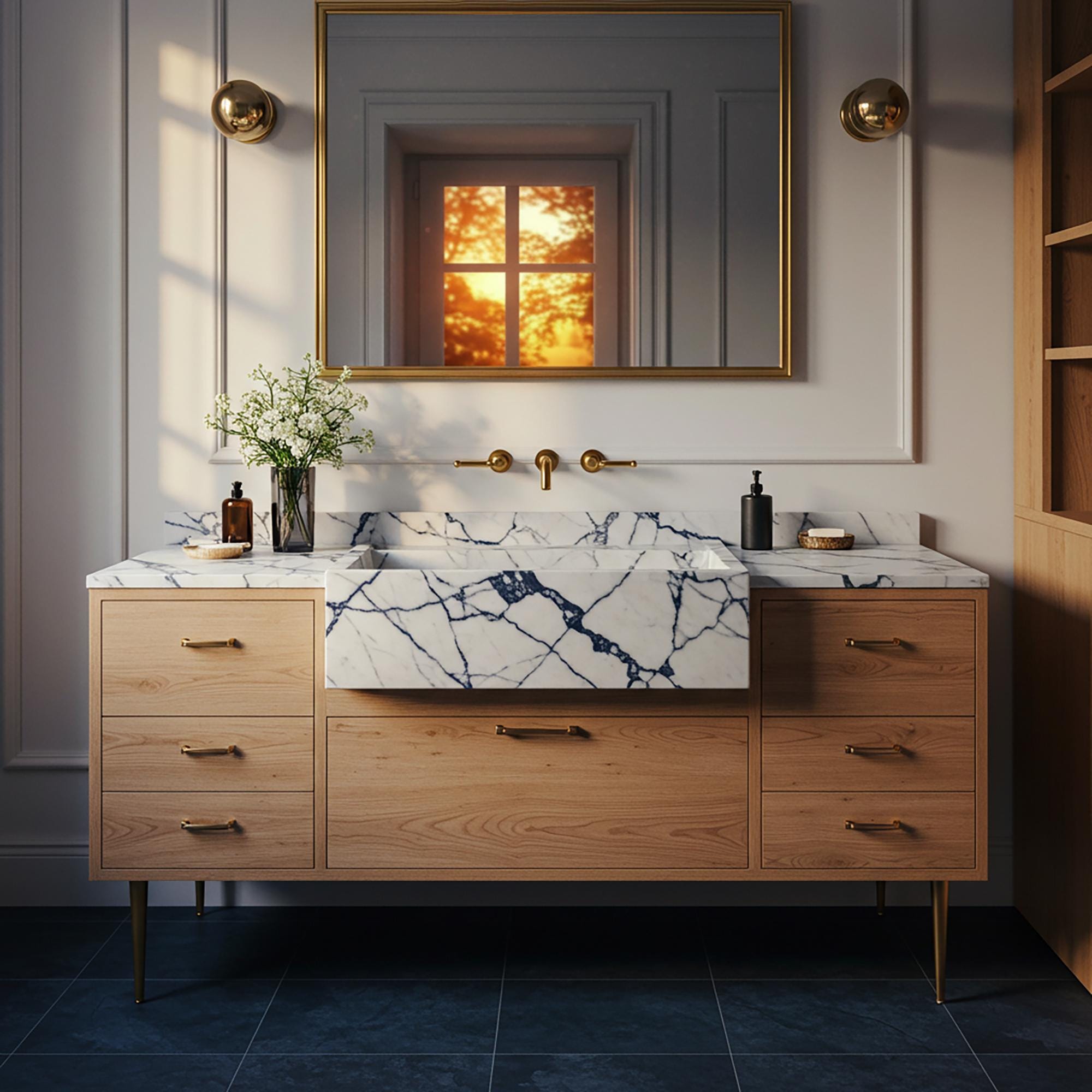 A Calacatta Viola marble farmhouse vanity with an apron-front sink, featuring bold veining and a natural oak cabinet with brass hardware.
