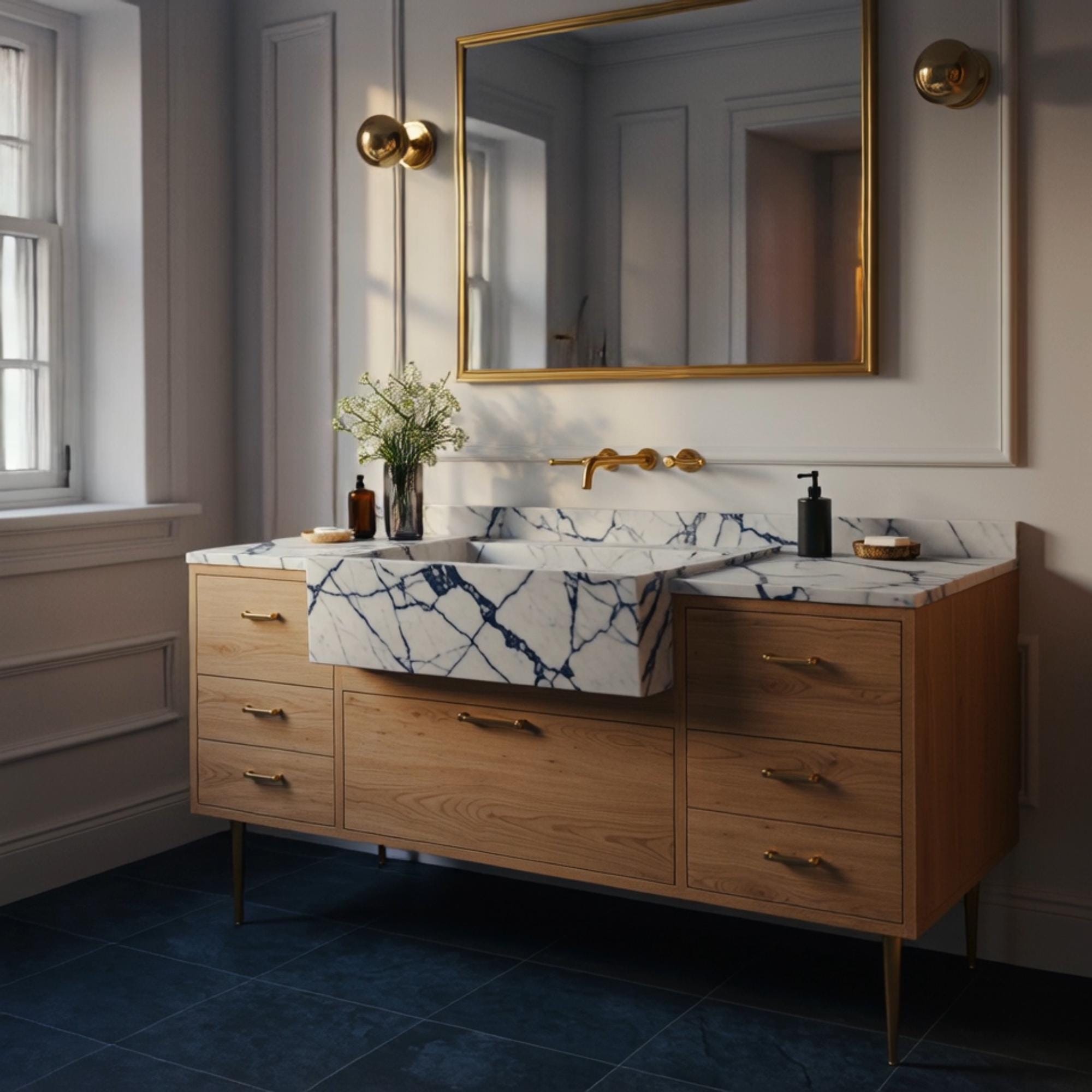 A Calacatta Viola marble farmhouse vanity with apron sink and oak cabinet, offering a timeless and elegant bathroom statement.
