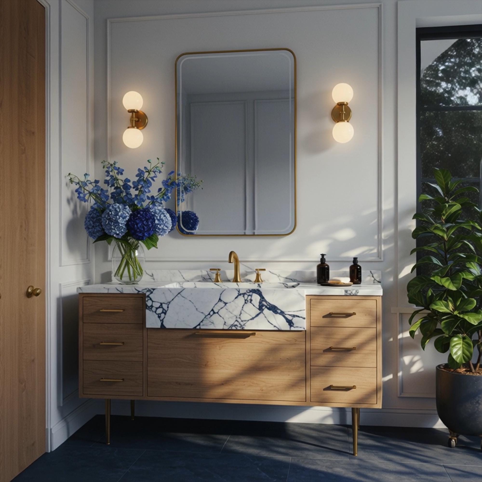 A Calacatta Viola marble farmhouse vanity crafted from natural stone, featuring a rectangular apron sink and refined oak cabinetry.
