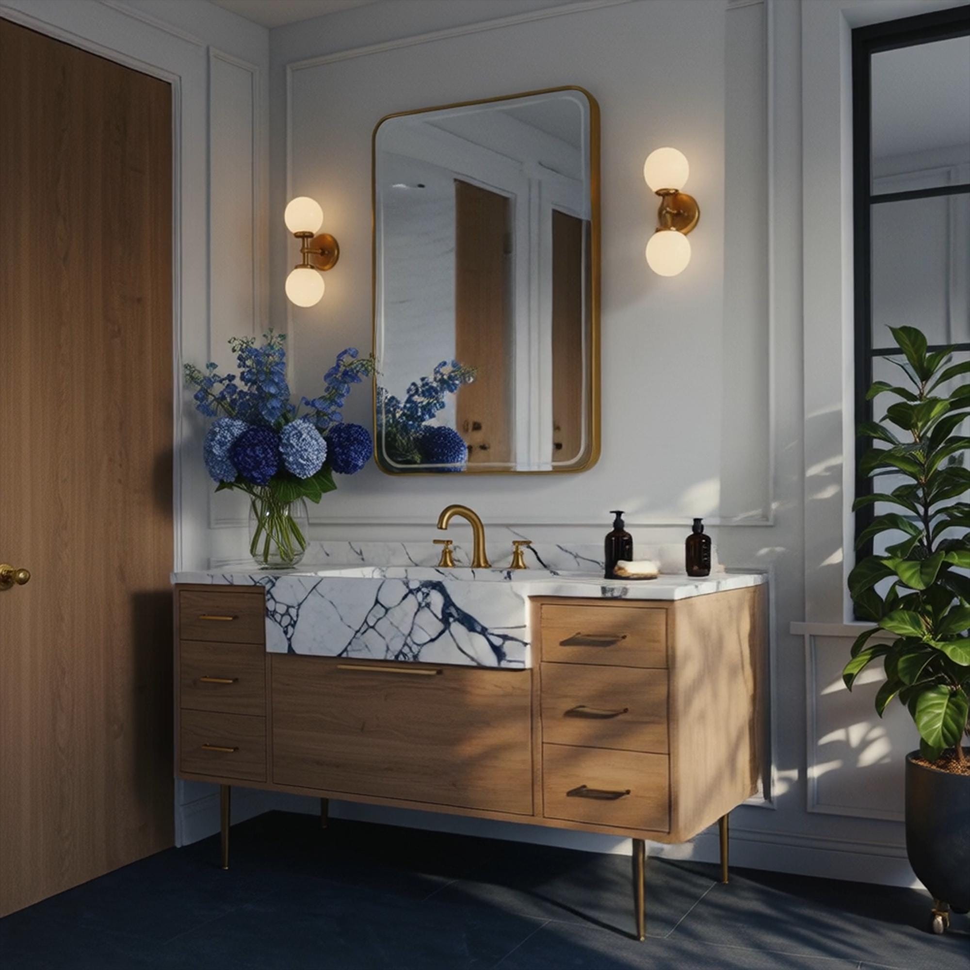 A Calacatta Viola farmhouse vanity styled with an apron sink, oak drawers, and soft brass accents in an elegant interior.
