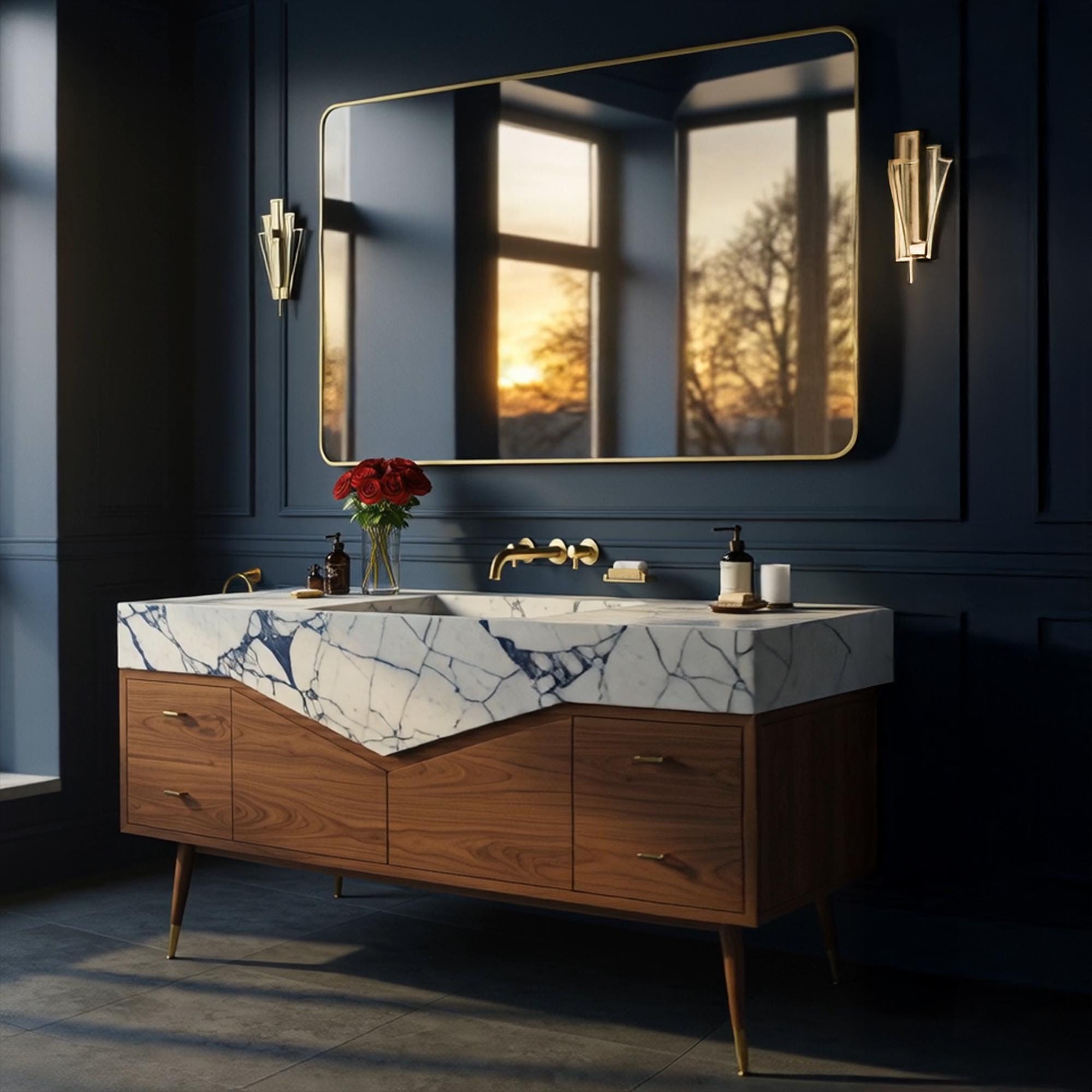 A Calacatta Viola marble vanity crafted from natural stone, featuring a distinctive V-shaped geometry and a walnut mid-century cabinet.
