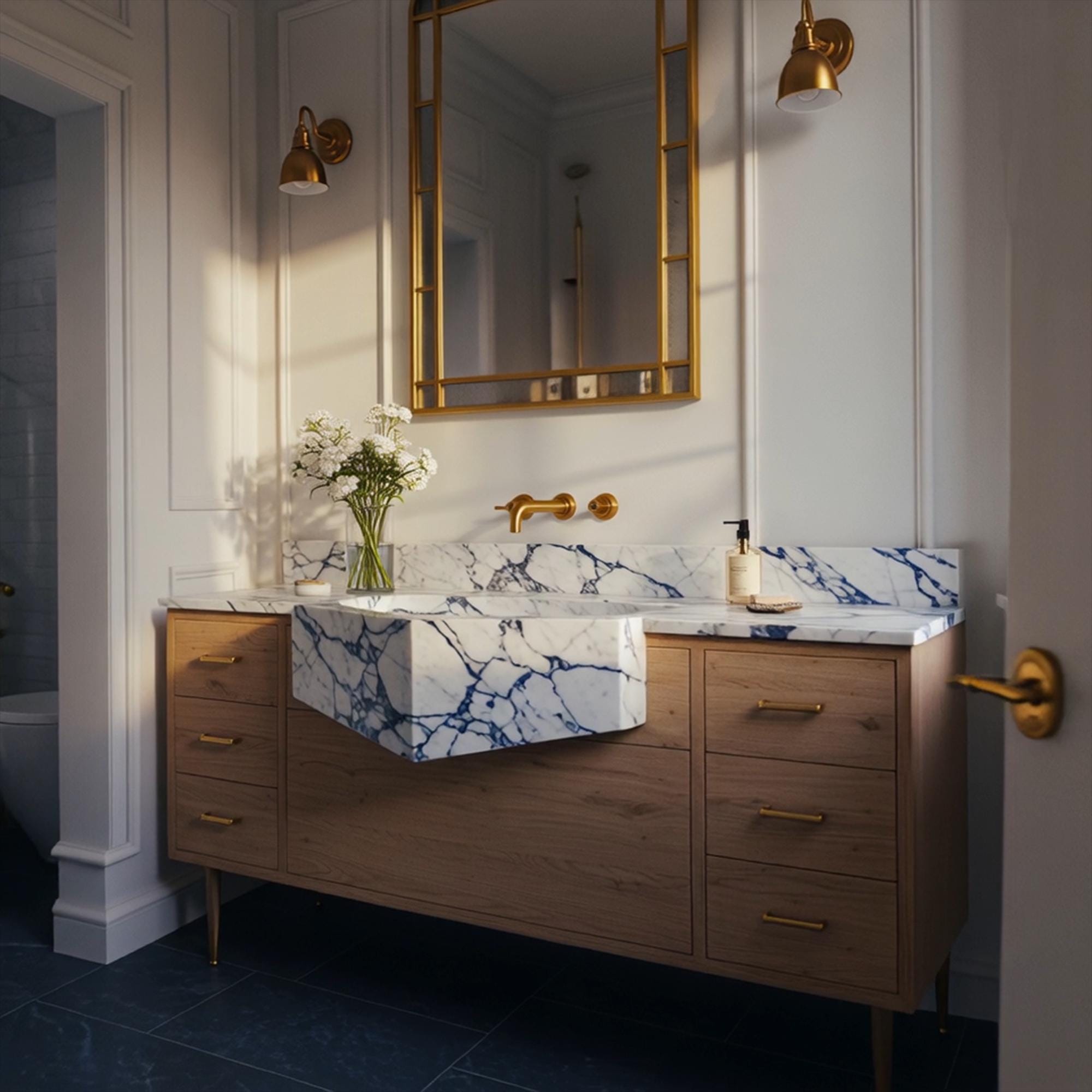 A Calacatta Viola marble farmhouse vanity crafted from natural stone, showcasing a distinctive V-shape apron sink and refined oak cabinetry.
