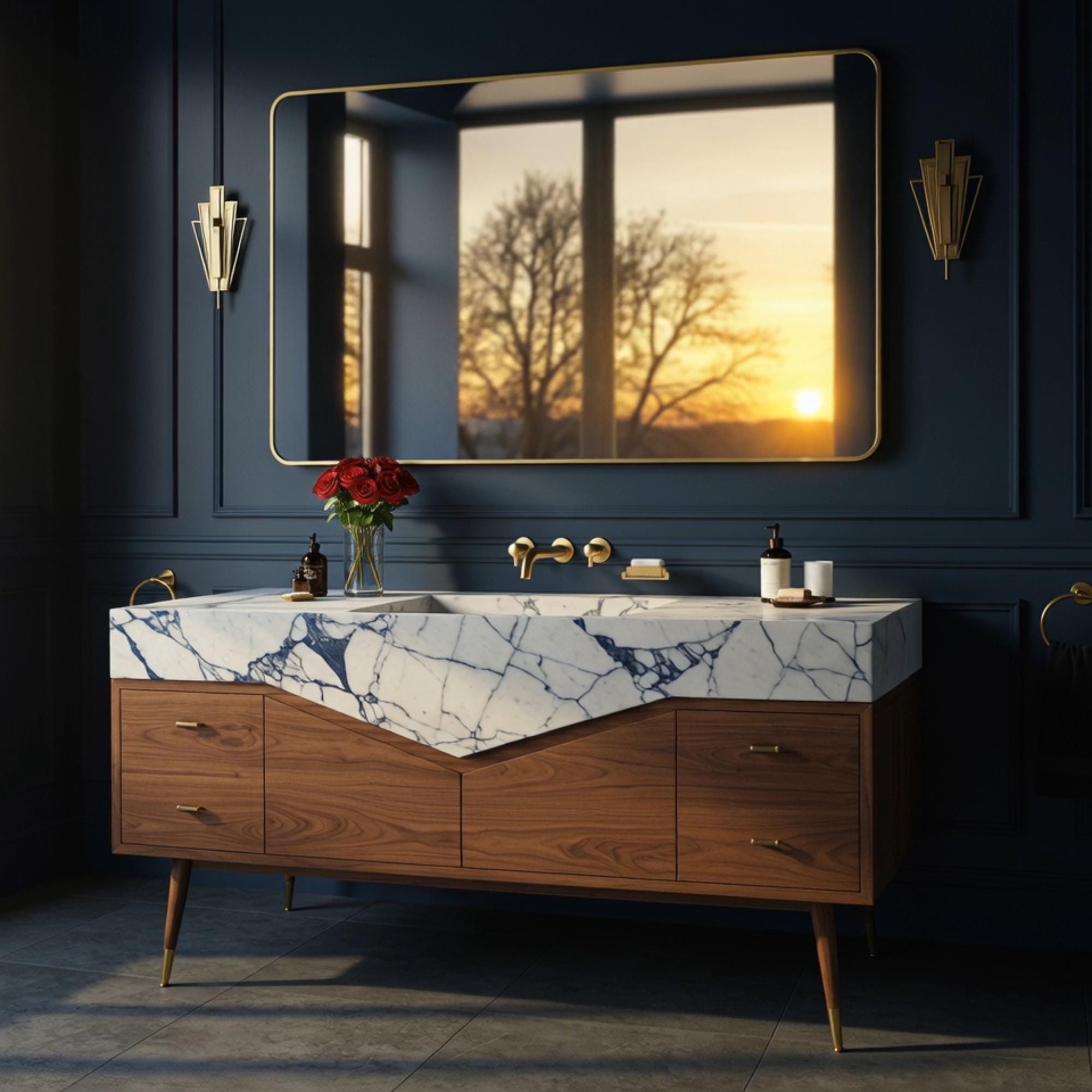 A Calacatta Viola geometric vanity styled with a mid-century walnut cabinet, brass fixtures, and soft lighting for a refined interior.

