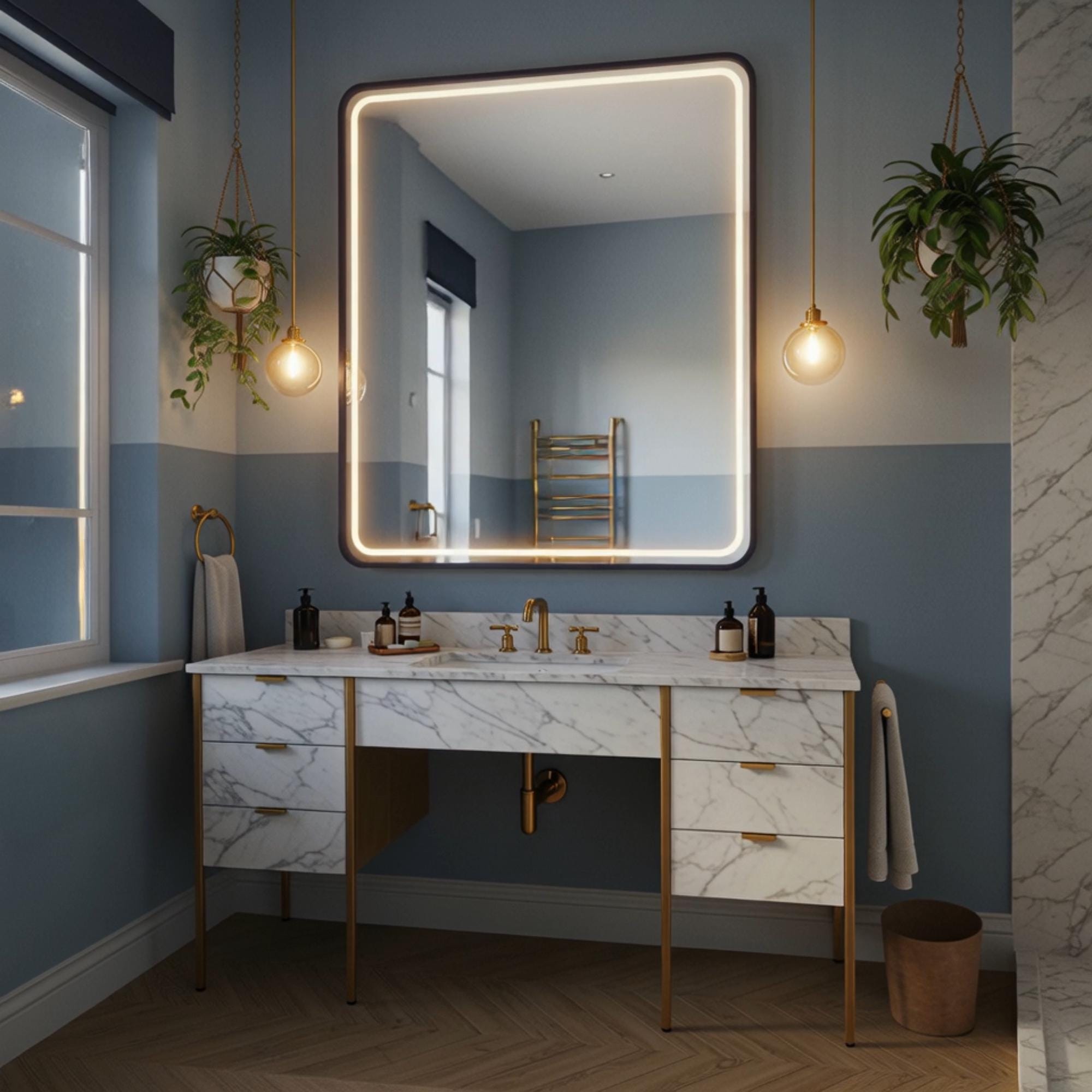 A sculptural Carrara marble clad double pedestal console with clean lines, balanced proportions, and warm brass detailing.
