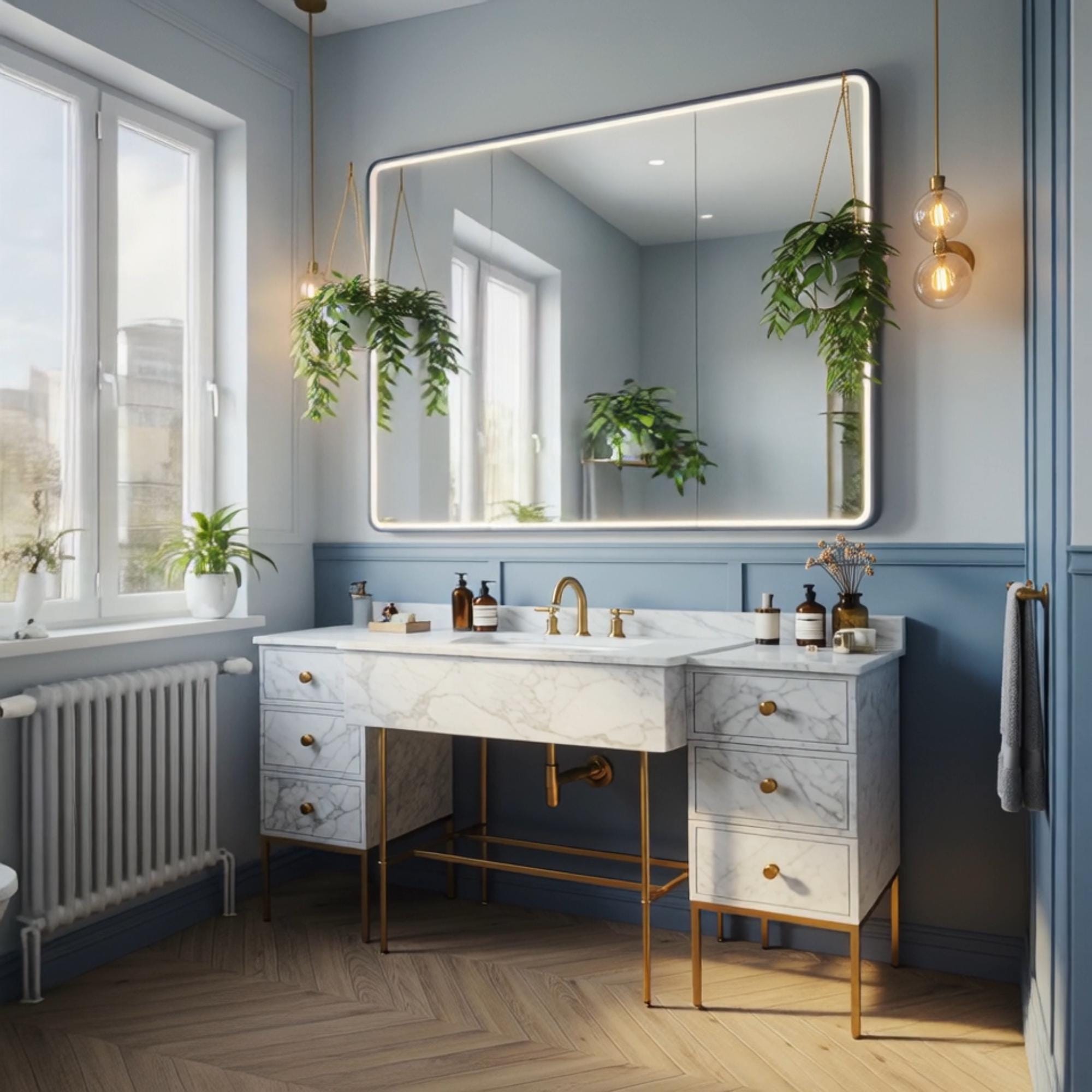A Carrara marble clad double pedestal console elevated on brass legs, offering a timeless and architectural bathroom statement.
