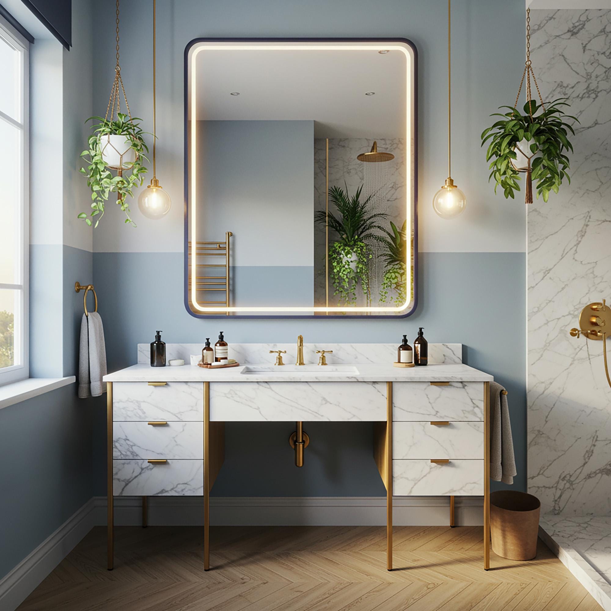 A Carrara marble clad double pedestal console with soft gray veining, featuring brass legs, integrated drawers, and wall-mounted brass fixtures.
