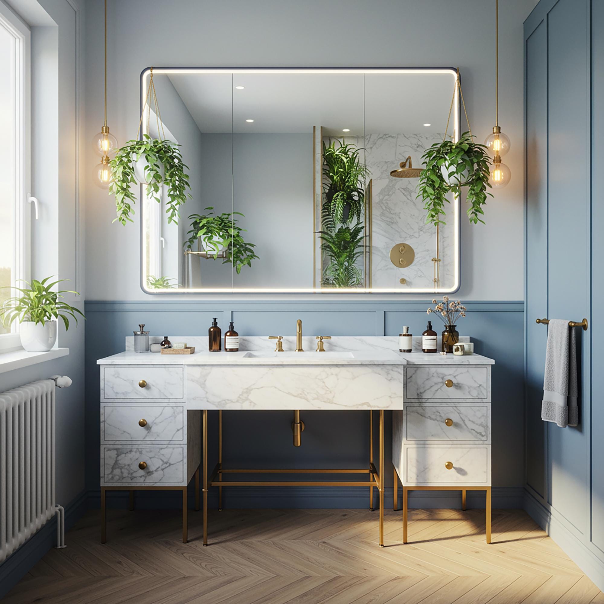 A Carrara marble clad double pedestal console with soft gray veining, featuring brass legs and integrated drawers in a bright, elegant bathroom.
