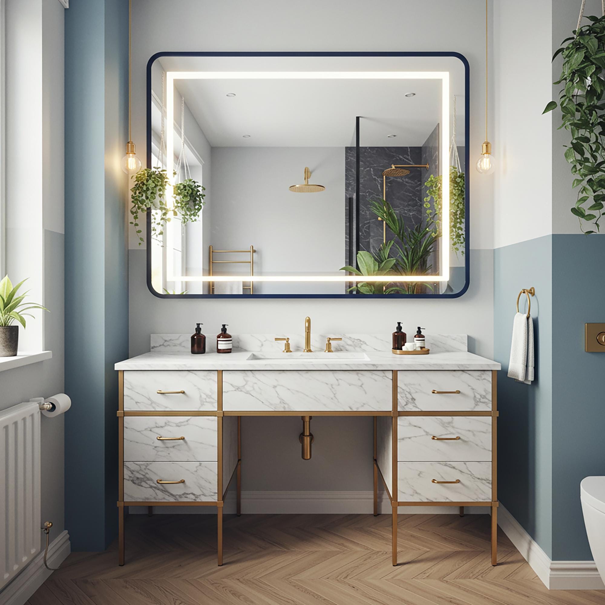 A luxurious Carrara marble vanity with brass accents, designed for elegant, high-end bathroom spaces.
