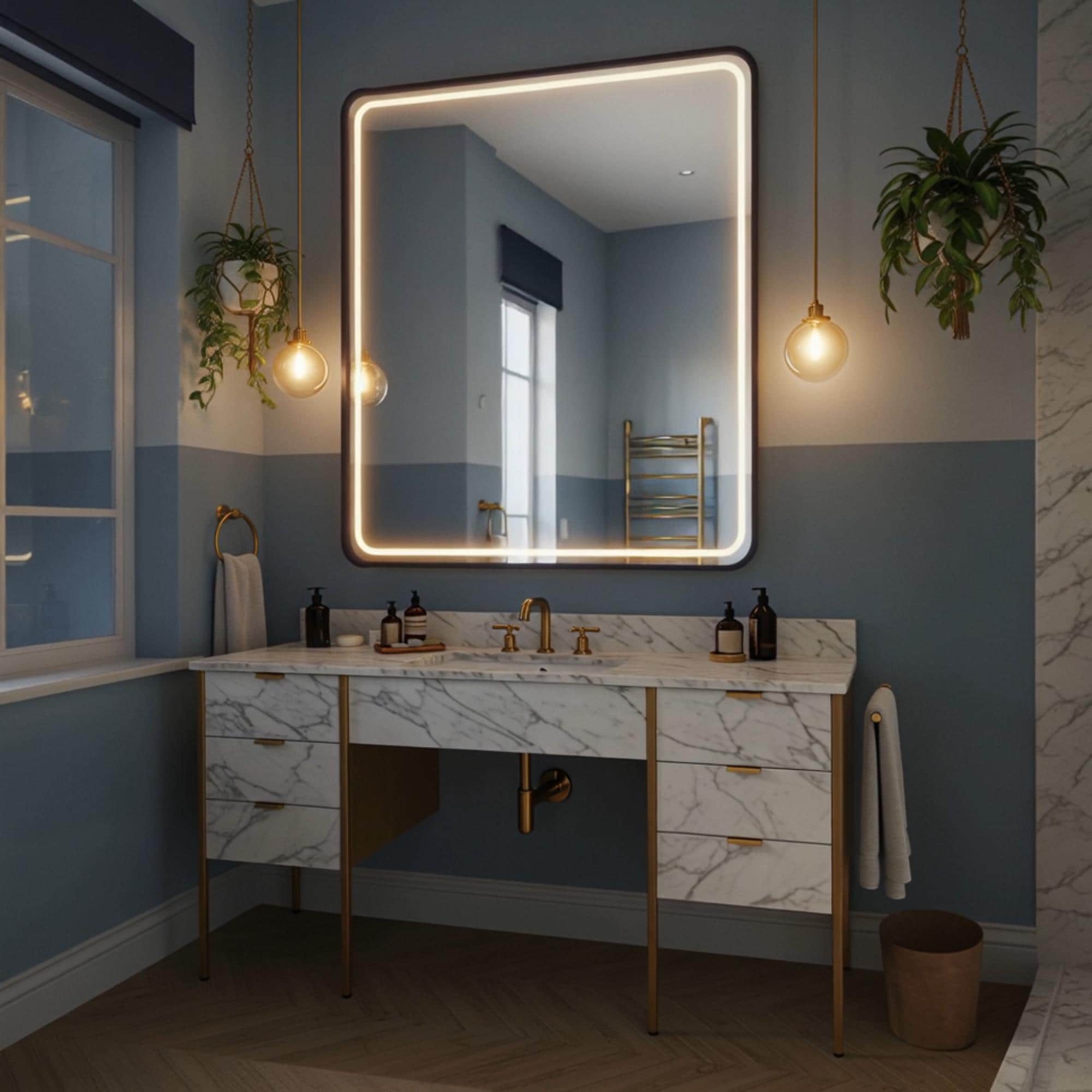 A Carrara marble double pedestal console crafted from natural stone, paired with elegant brass legs in a refined bathroom interior.
