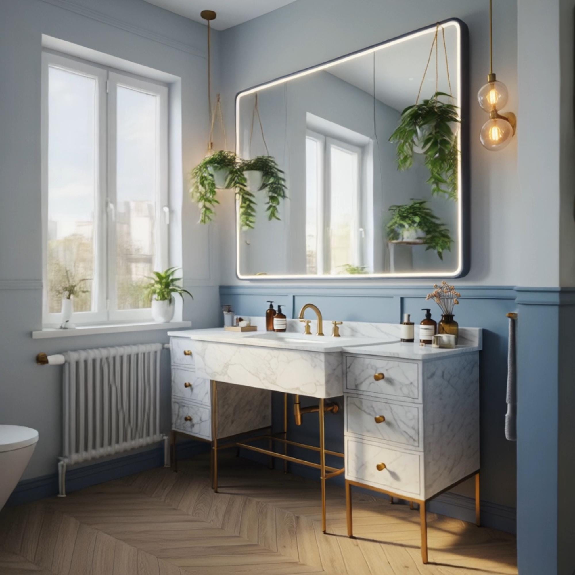 A Carrara marble double pedestal console styled with brass fixtures and classic proportions for a sophisticated bathroom interior.
