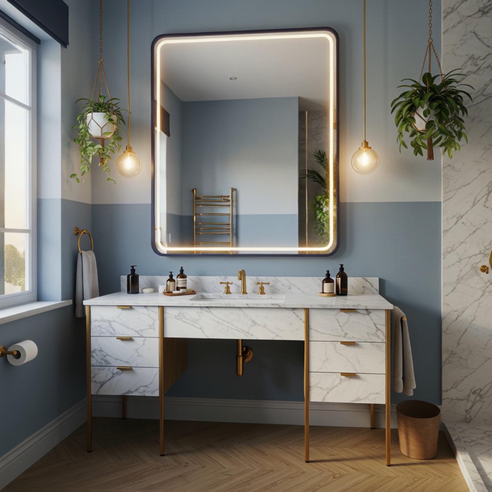 A Carrara marble clad double pedestal console elevated on brass legs, offering a timeless and architectural bathroom statement.

