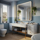 An estate vanity framed in Carrara marble with stone-clad drawers and a brass stand, built for timeless luxury.