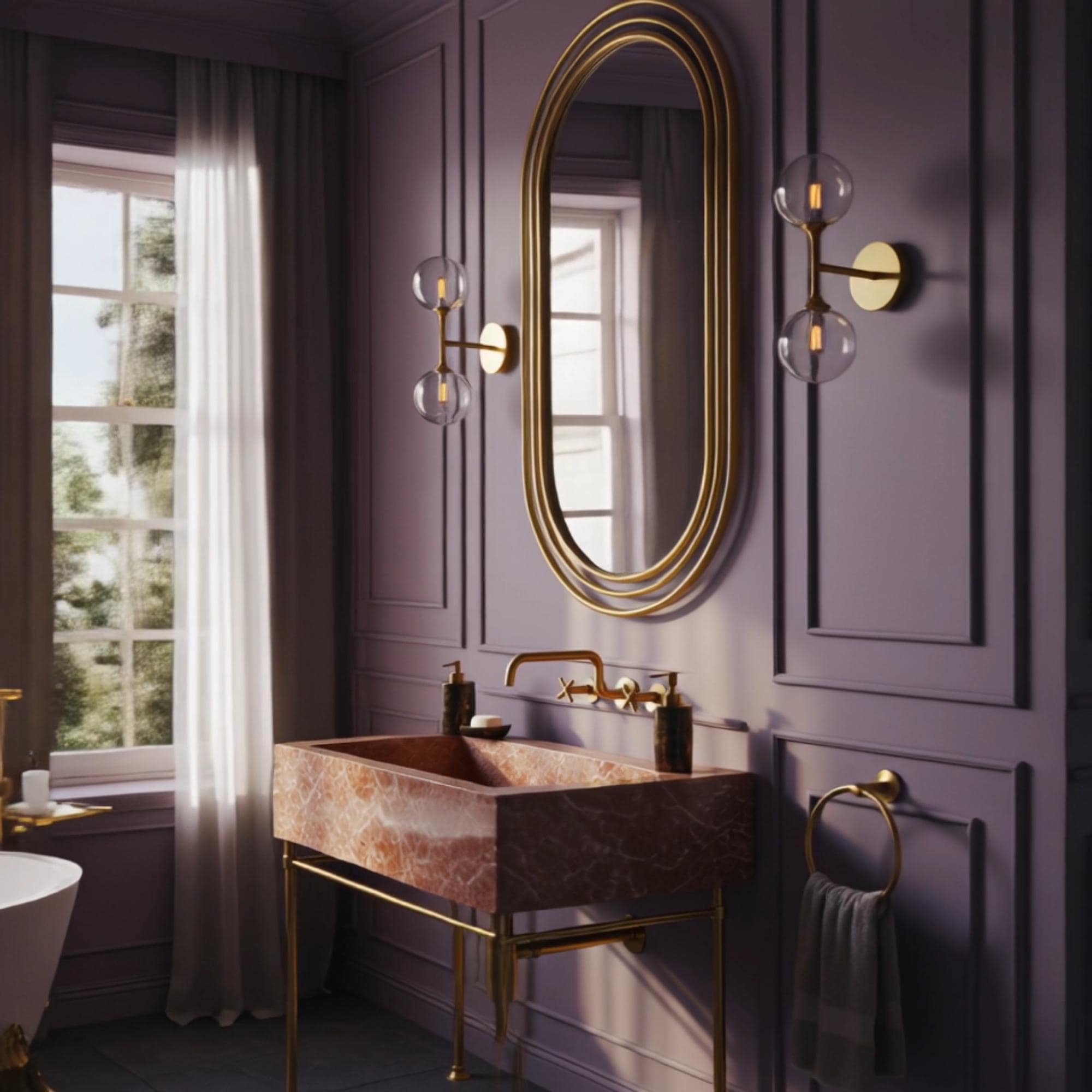 A striking pink marble console sink elevated by a gold-toned metal stand, built for statement-making spaces.