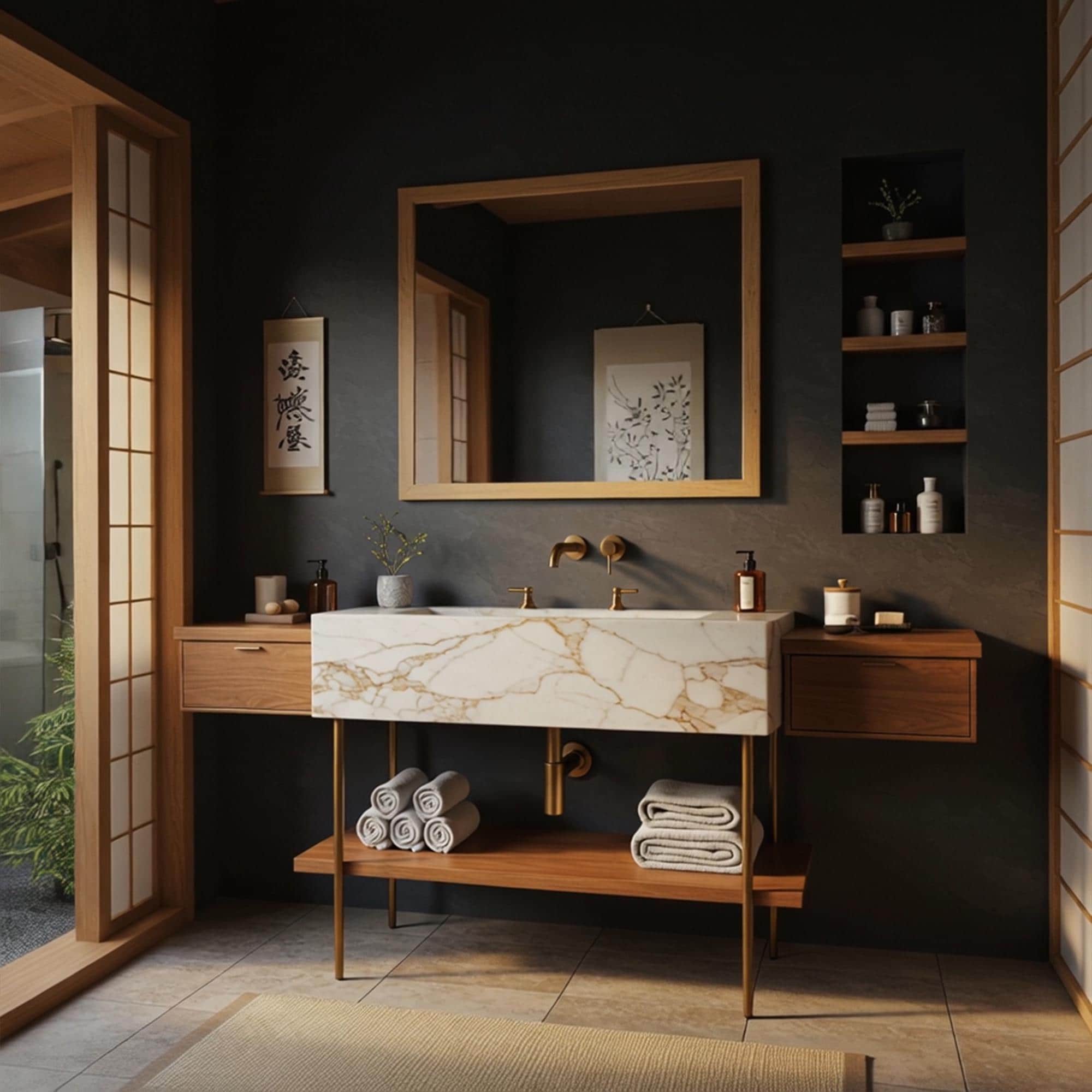 A Calacatta marble console sink with integrated wood shelving and floating side cabinets made for modern luxury homes.