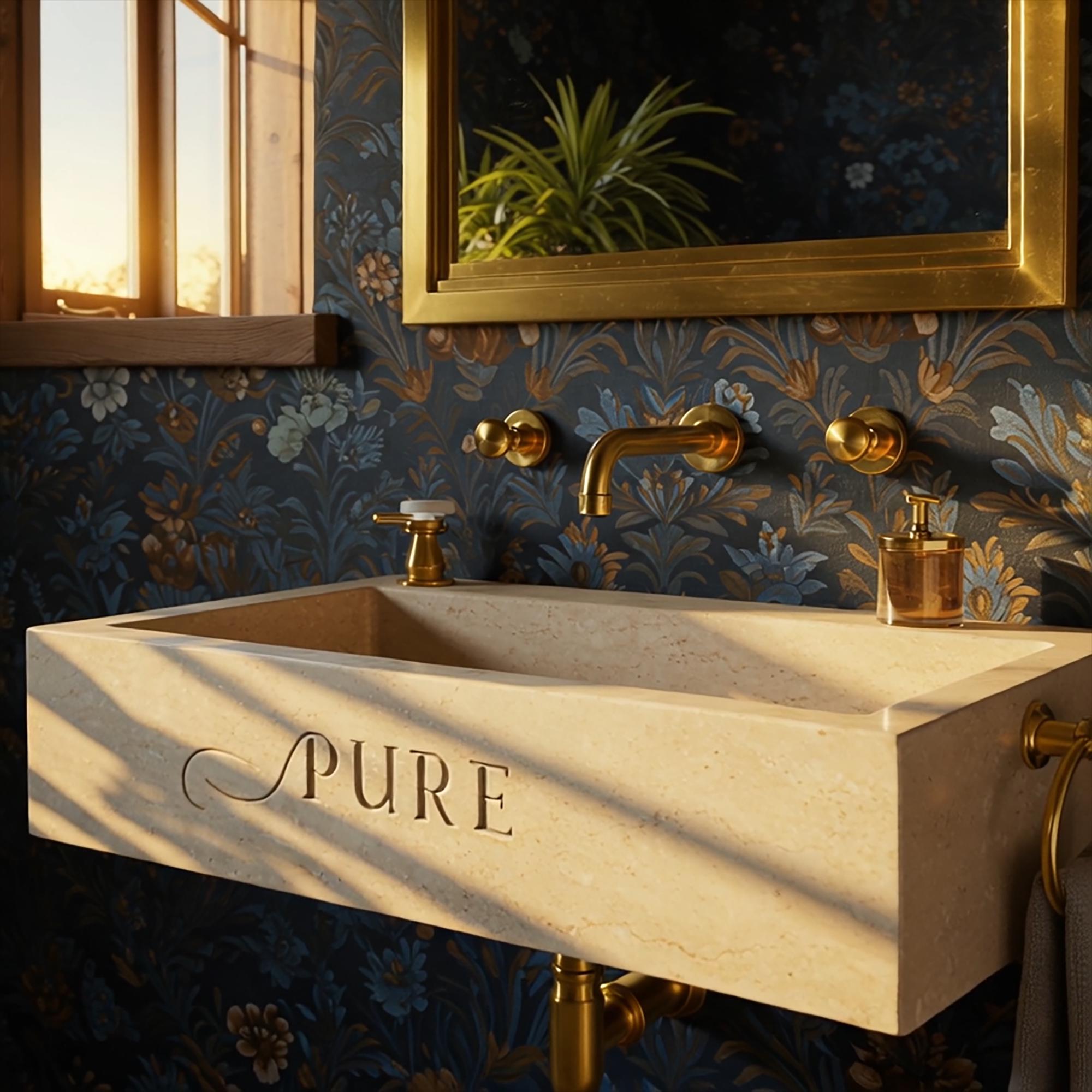 A beige travertine wall-mounted sink crafted from natural stone, showcasing a custom engraved detail and brass fixtures in a refined interior.
