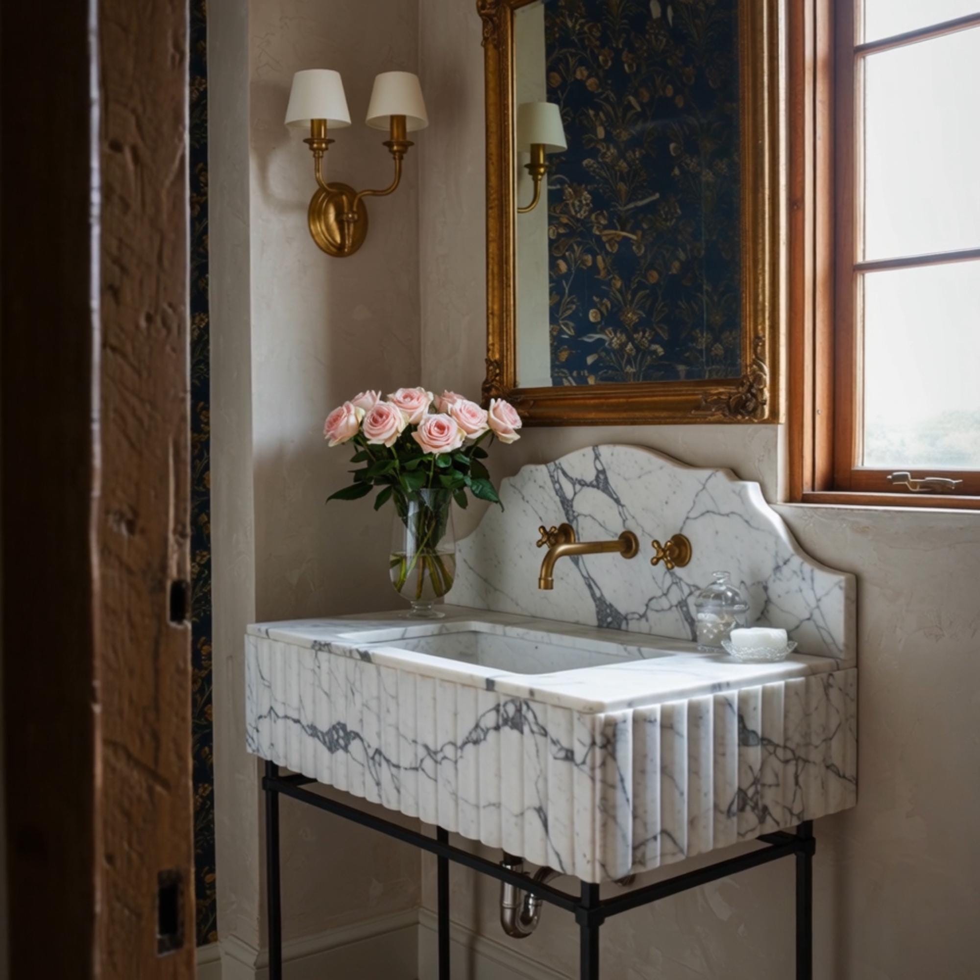 A sculptural Calacatta marble console sink with fluted detailing and a scalloped backsplash, presented in a timeless luxury bathroom space.
