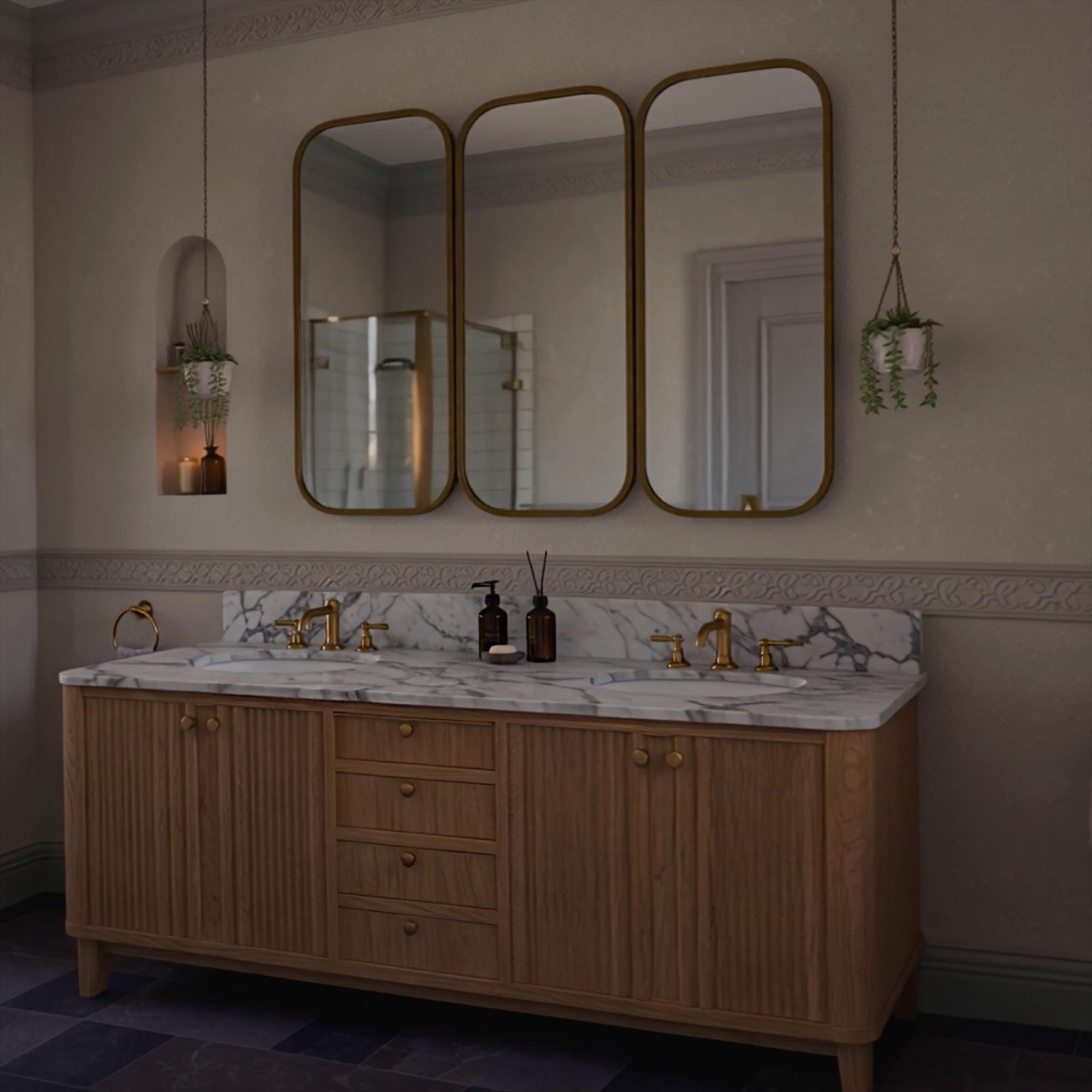 A sculptural double sink vanity featuring a Carrara marble countertop and fluted oak cabinet design in a timeless interior.
