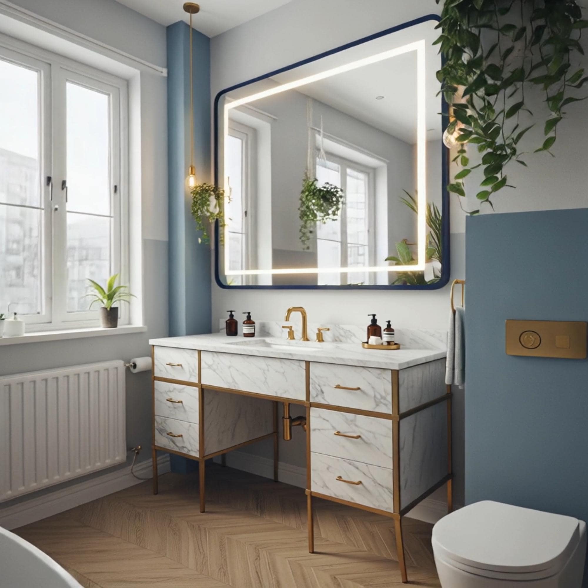 A double-sink Carrara marble vanity featuring brass fixtures, crafted for homes where elegance meets utility.