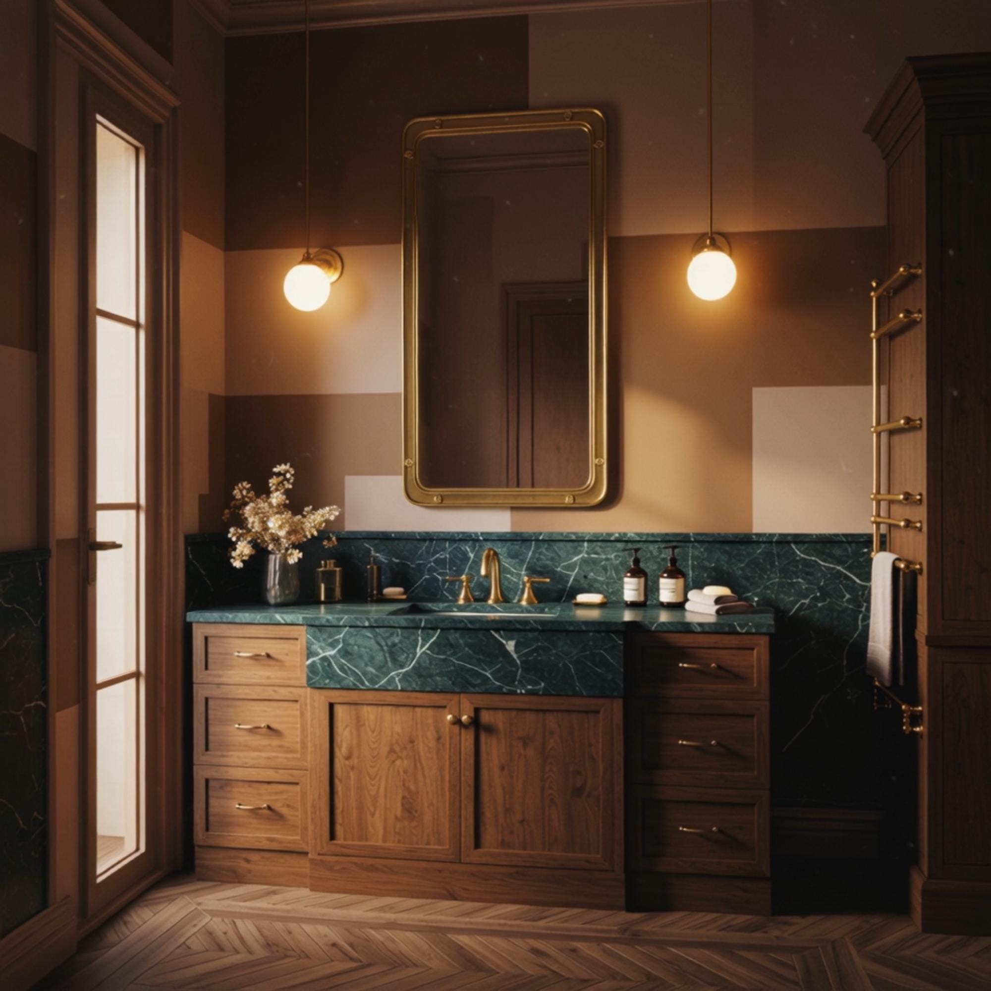 An estate-style vanity crafted from Verde Guatemala marble and oak wood, offering a grounded yet luxurious feel.