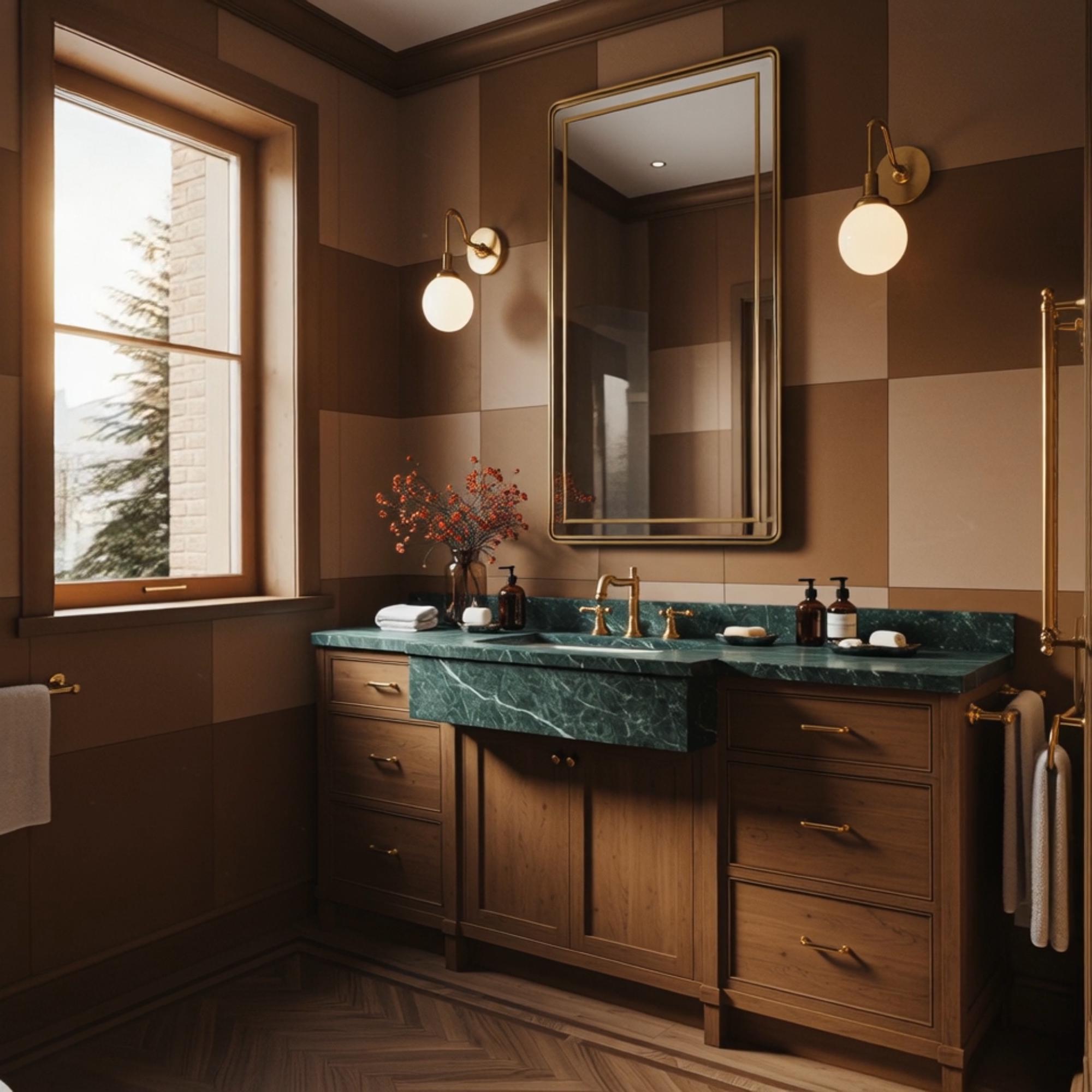 This elegant estate vanity combines Verde Guatemala marble with a walnut base, creating a centerpiece worthy of any luxury residence.