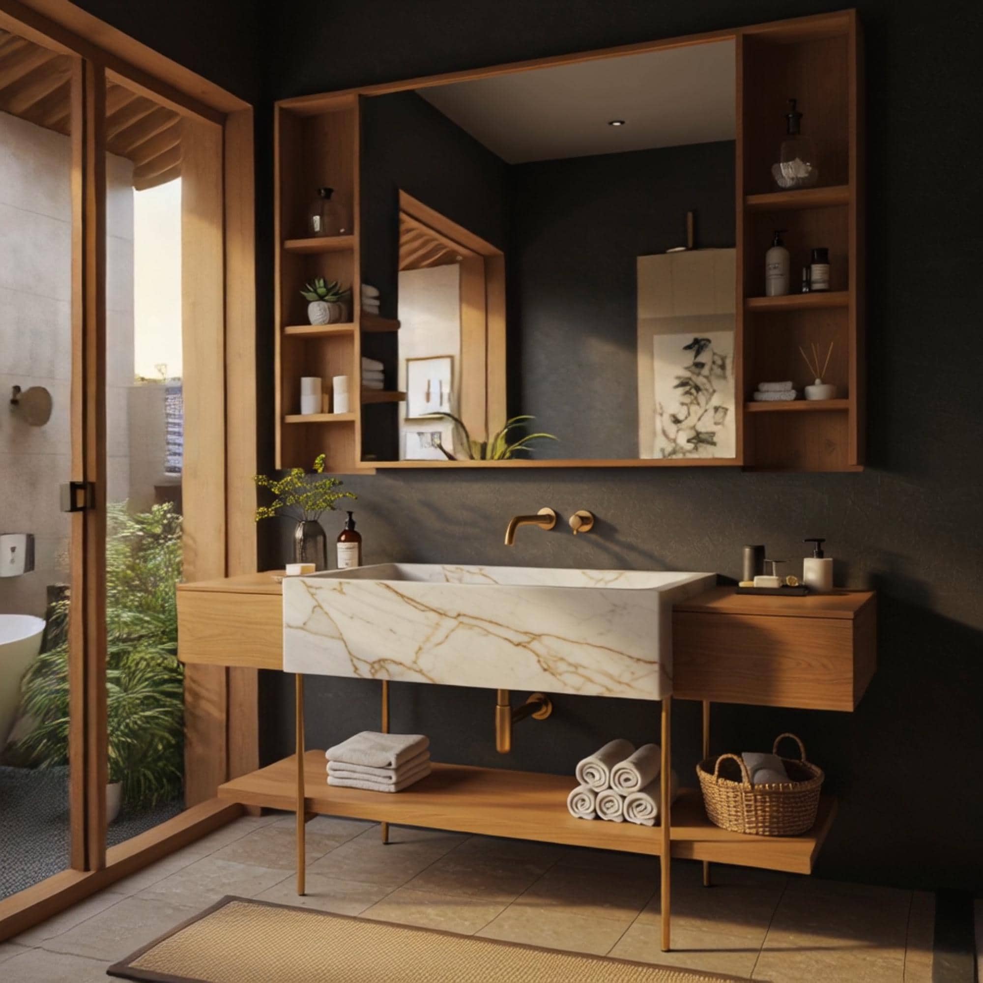 This modern vanity set combines floating wood cabinets and Calacatta Gold marble for a warm, luxurious atmosphere.