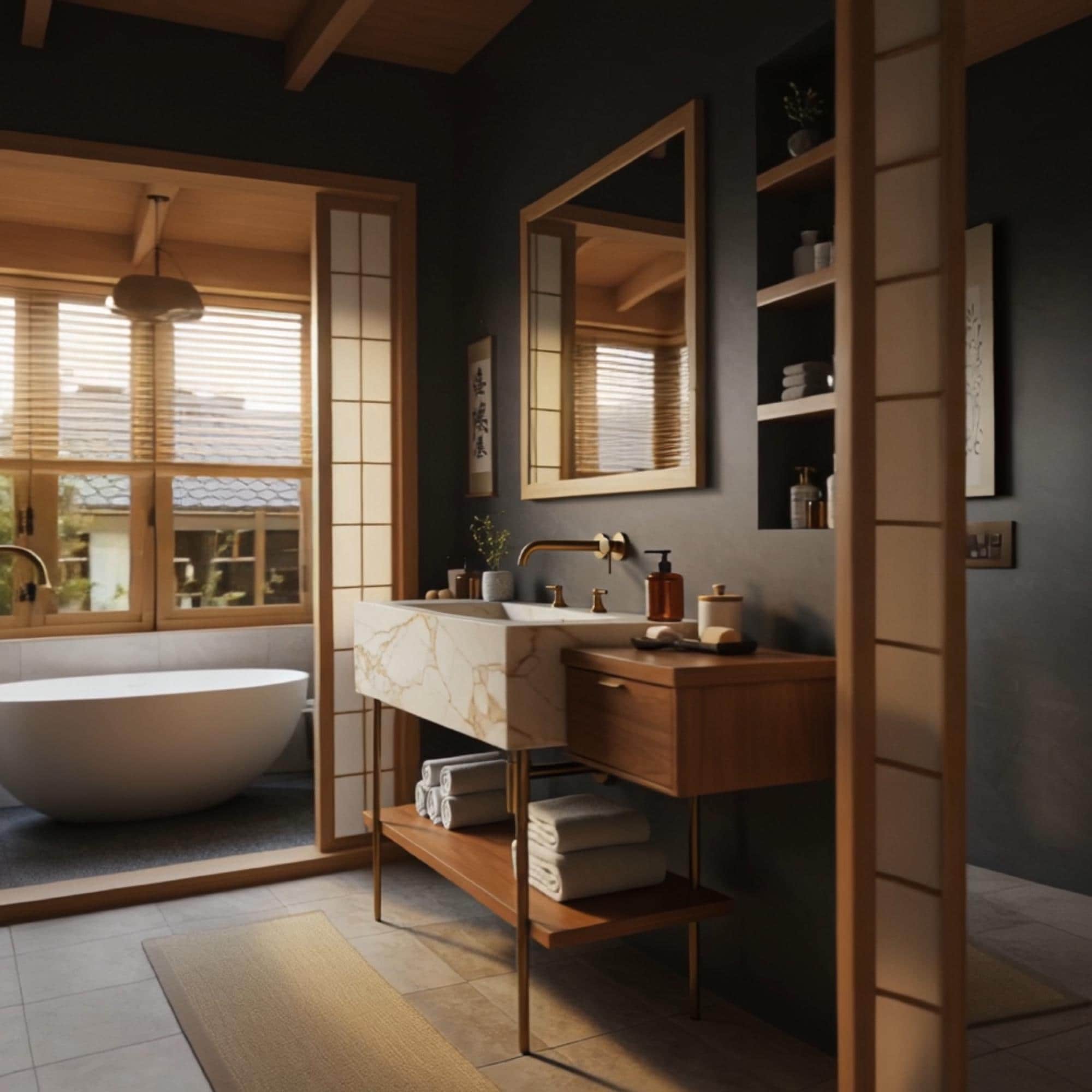 This marble vanity set combines floating storage and bold Calacatta Gold stone for a refined, high-design look.