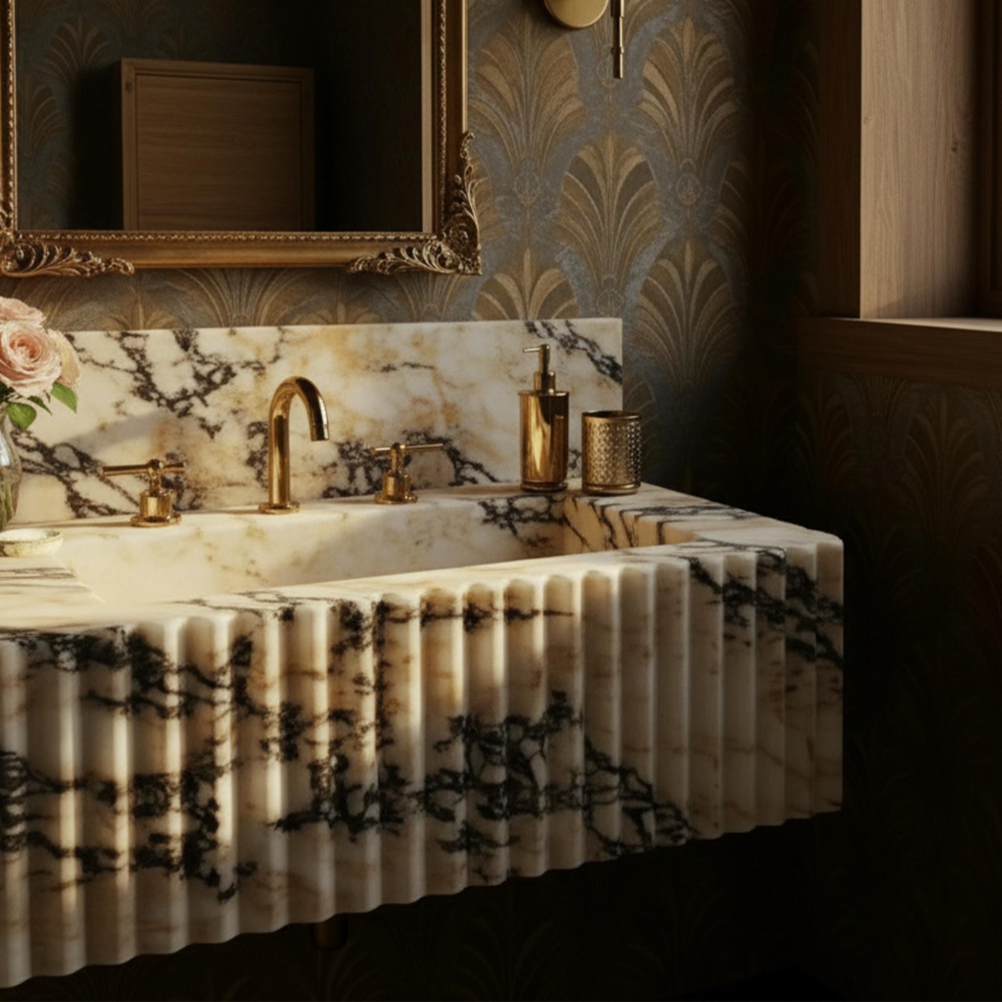 A luxurious floating vanity in fluted Calacatta Amber Viola marble with an integrated backsplash that blends opulence and artistry.