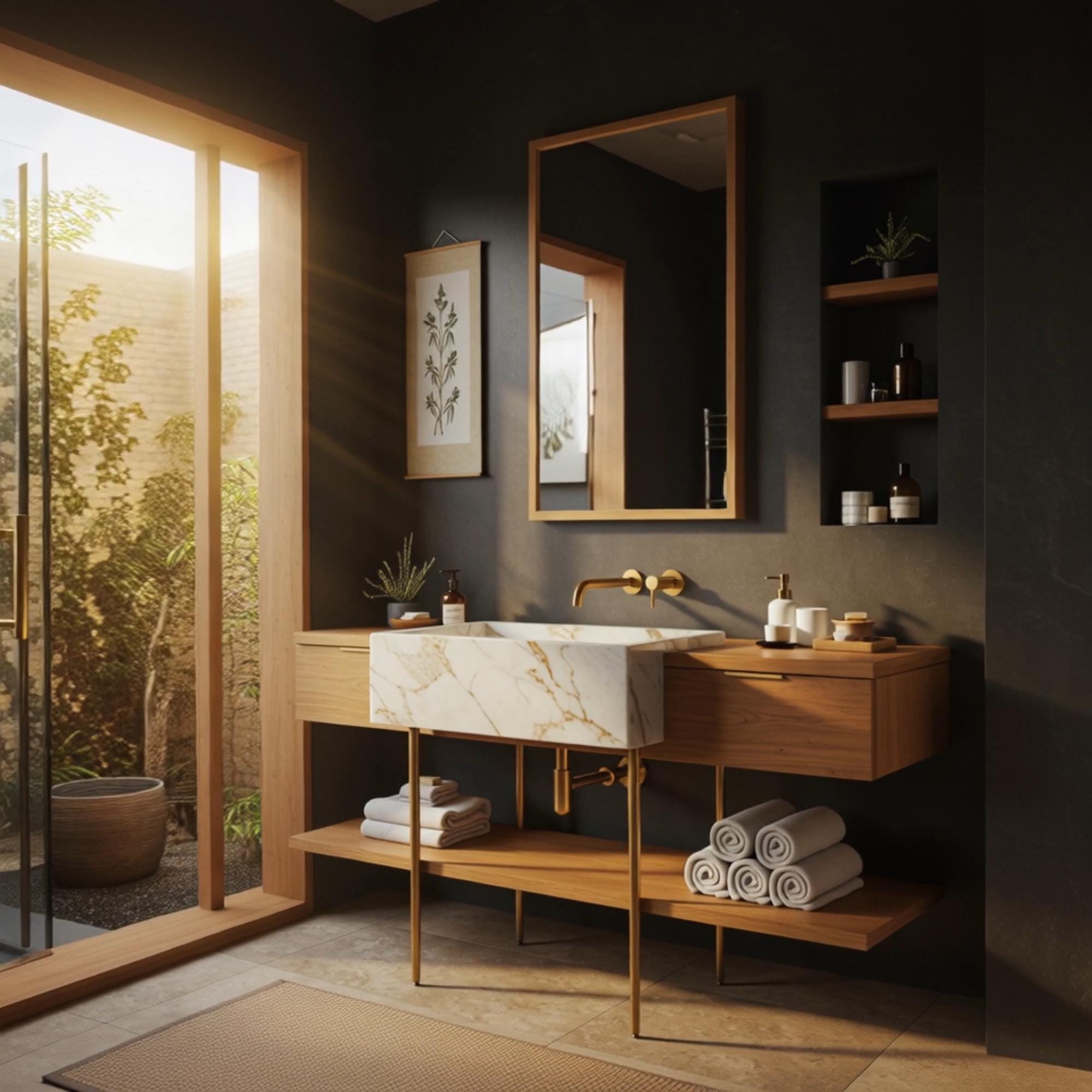 A floating vanity set featuring a bold Calacatta Gold sink, offering timeless elegance with functional modernity.