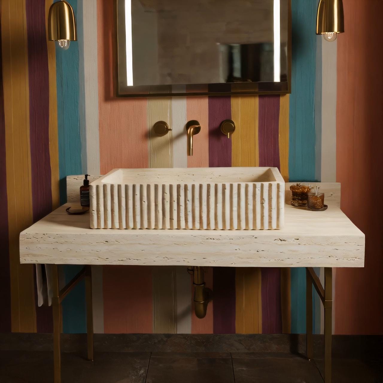A fluted beige travertine console sink elevated on a brass stand, offering a timeless and architectural bathroom statement.
