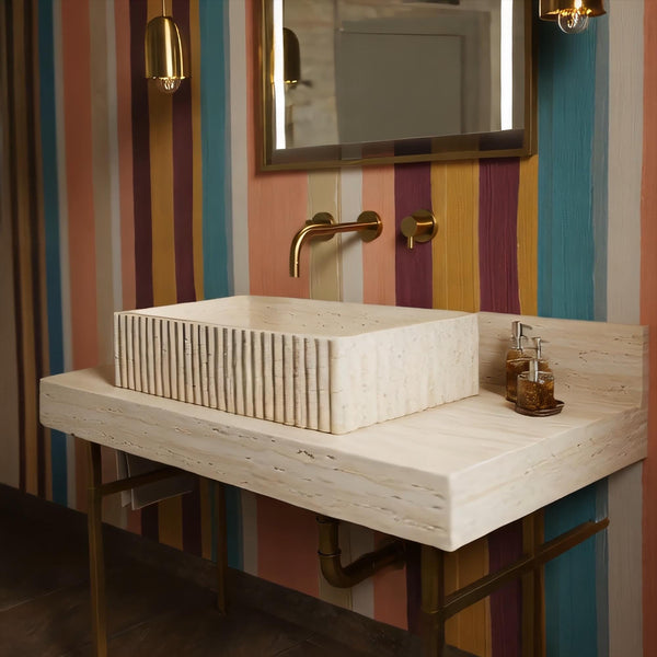 Fluted Beige Travertine Console Sink (Brass Stand) M9M009 hover