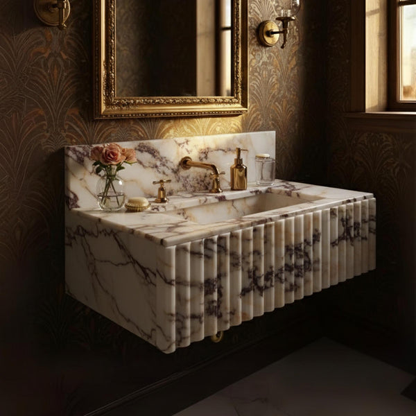 Fluted Calacatta Amber Viola Floating Sink (Integrated Backsplash) M9S007