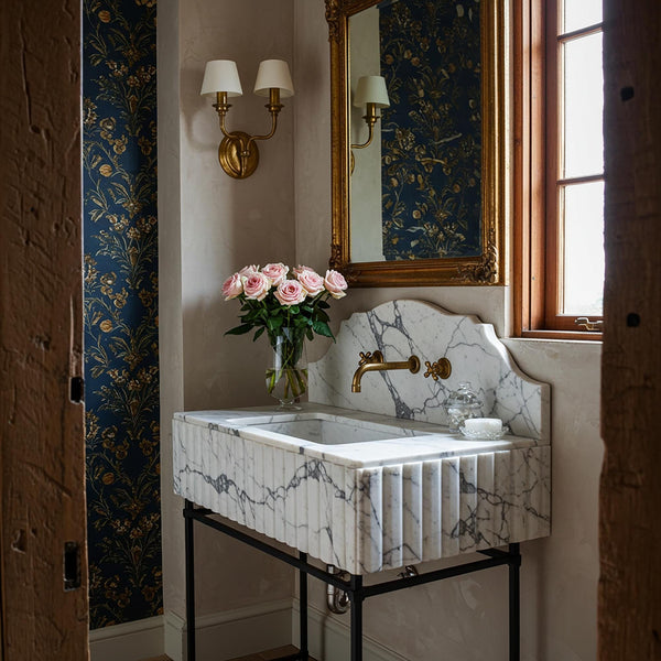 Fluted Calacatta Marble Console Sink (Scalloped Backsplash) M9M013