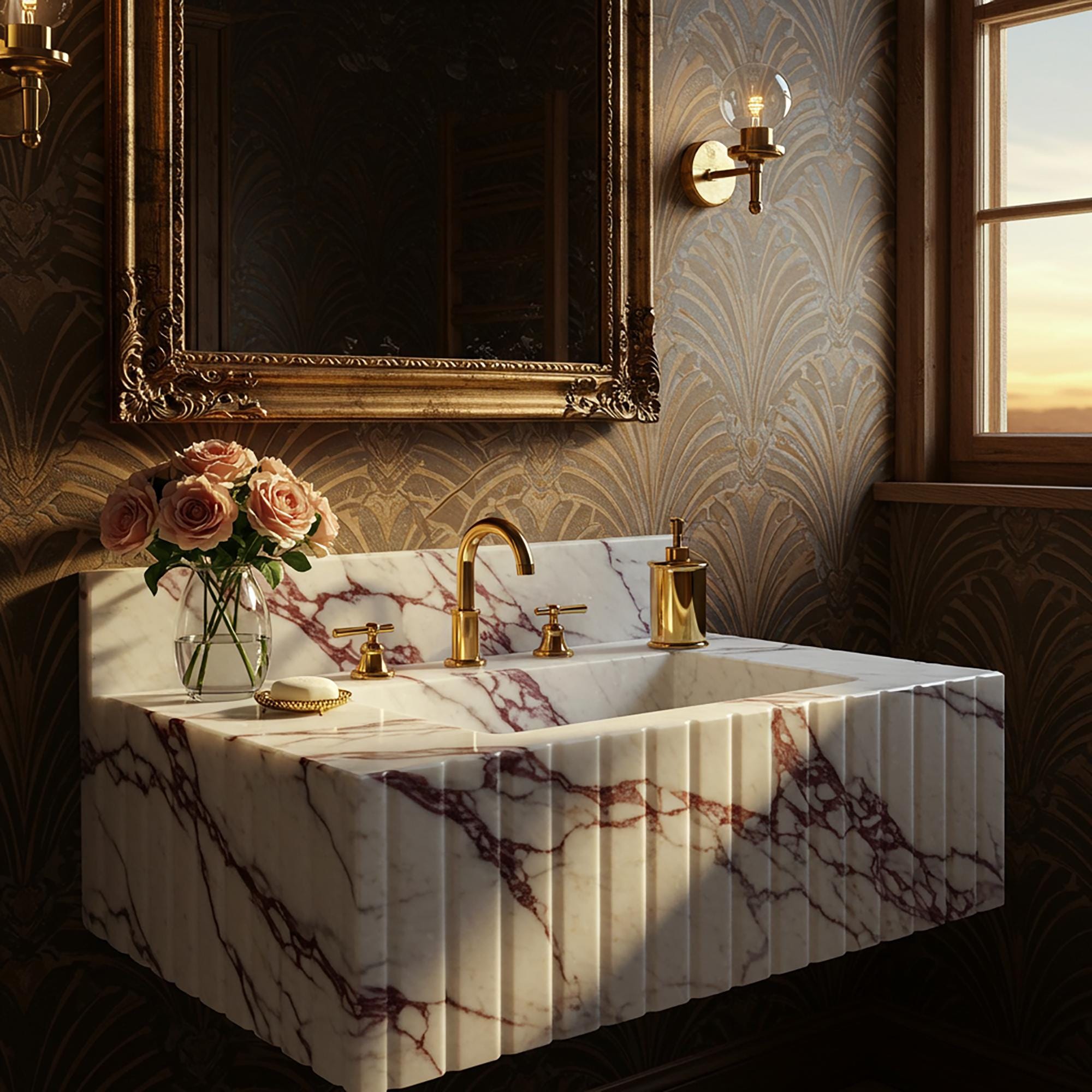 A fluted Calacatta Viola marble floating sink with integrated backsplash, featuring dramatic burgundy veining and vertical carved detailing in an elegant bathroom setting.
