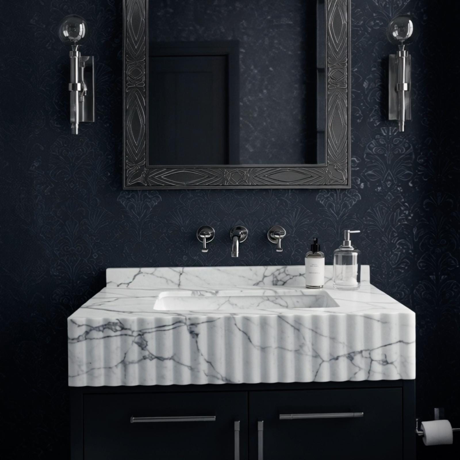 A fluted Carrara marble sink styled as a vanity top, paired with modern fixtures and a dark cabinet in a sophisticated interior.
