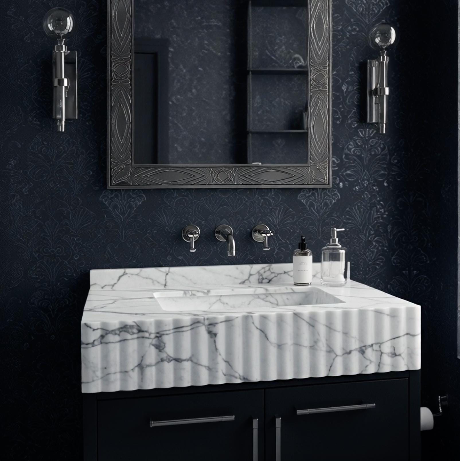 A white Carrara marble apron sink with subtle gray veining and fluted detailing, offering a timeless bathroom design.
