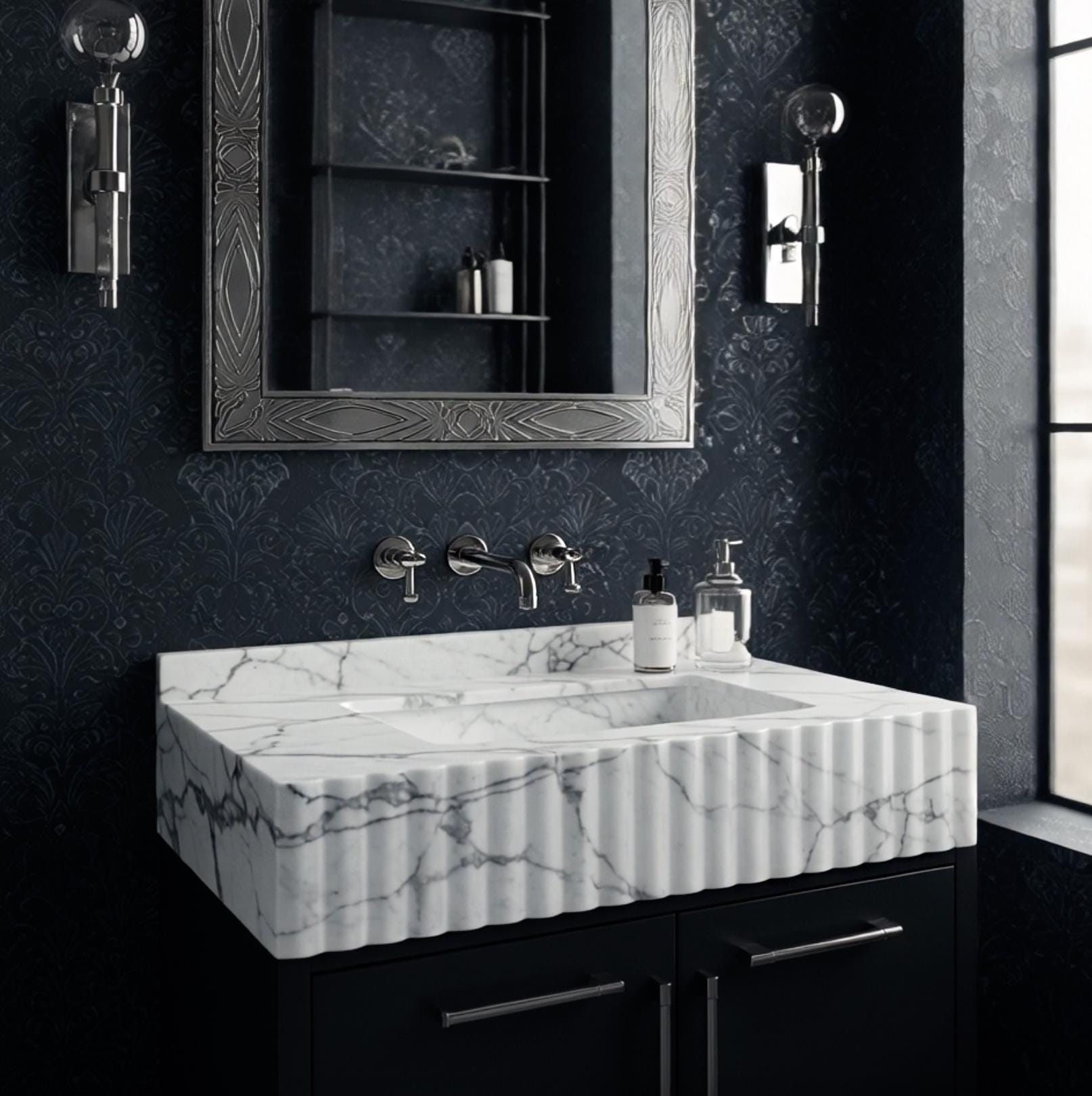 A Carrara marble apron-front vanity sink featuring vertical fluted carving and a polished basin surface.

