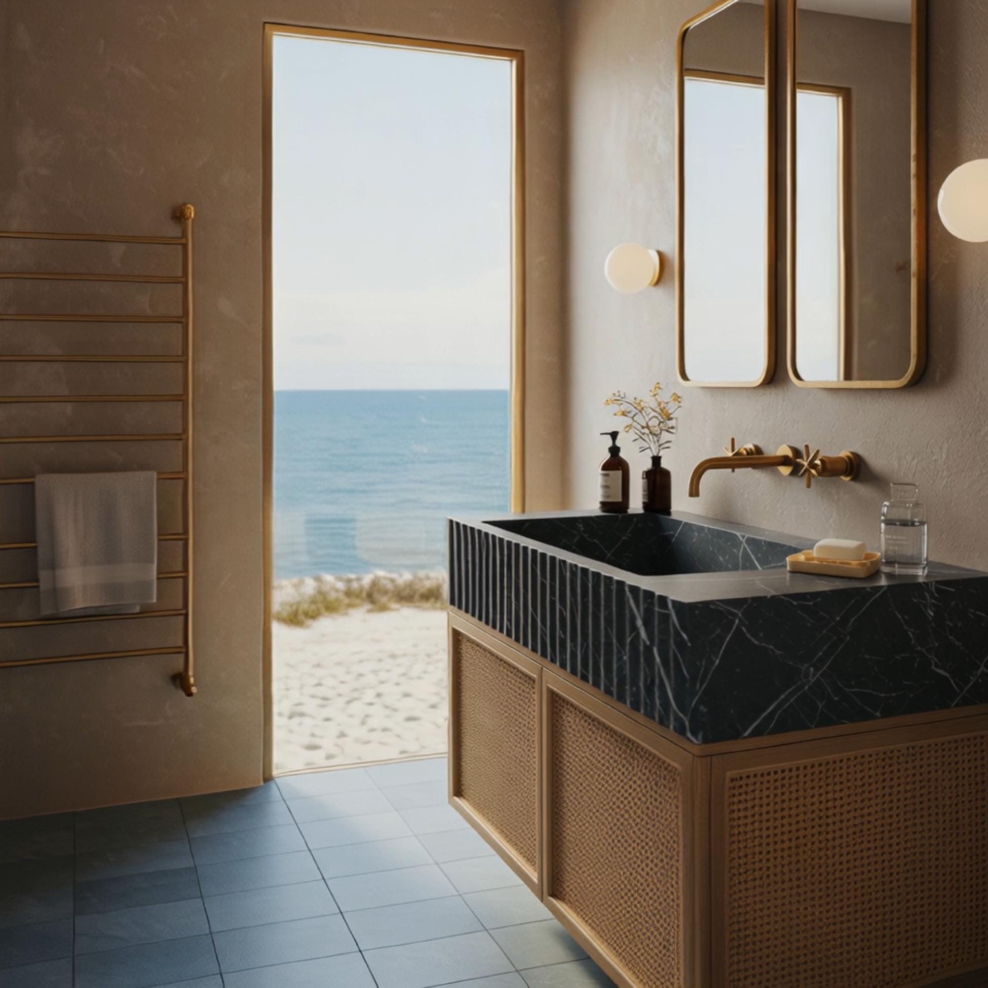 A fluted Pietre Notte marble sink set atop a rattan floating cabinet blends bold texture with organic elegance.