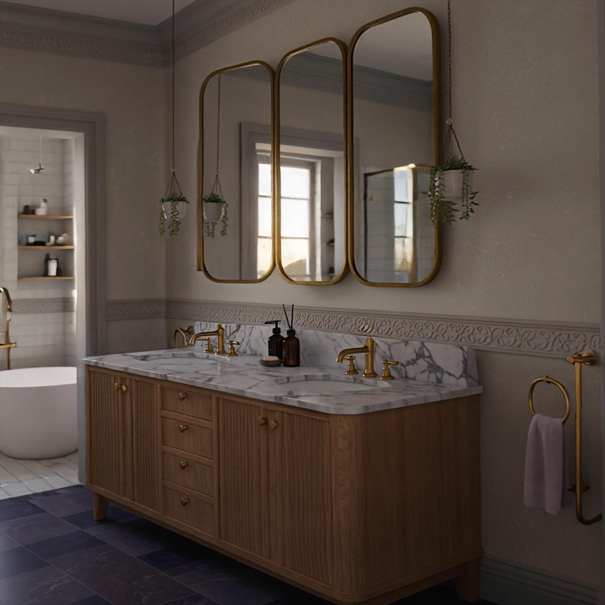 A double sink oak vanity with fluted cabinet fronts, topped with Carrara marble showcasing subtle veining and polished brass fixtures.
