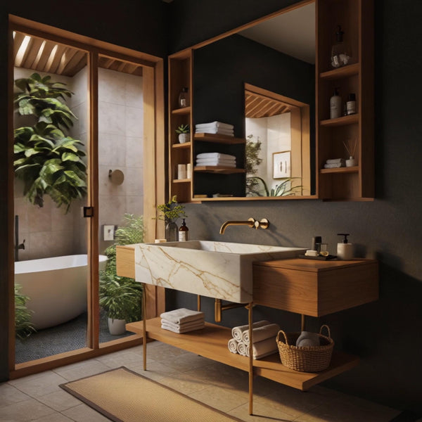 Calacatta Gold Marble Modular Vanity Set (Console Sink & Floating Side Cabinets) M9F47 hover