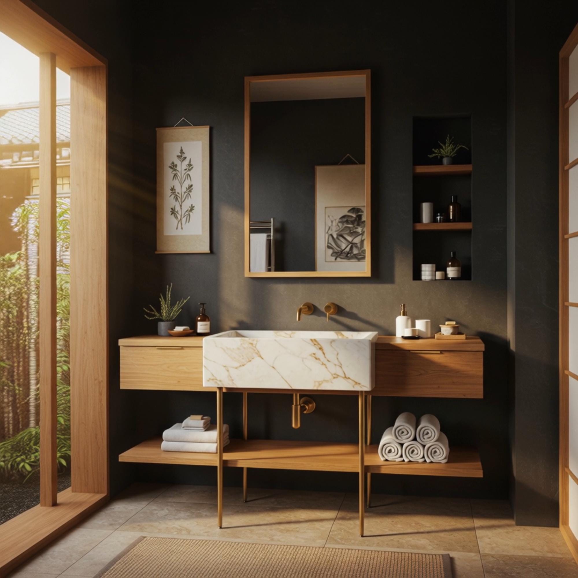 This gold-veined marble sink sits within a floating vanity design, blending organic texture with contemporary luxury.