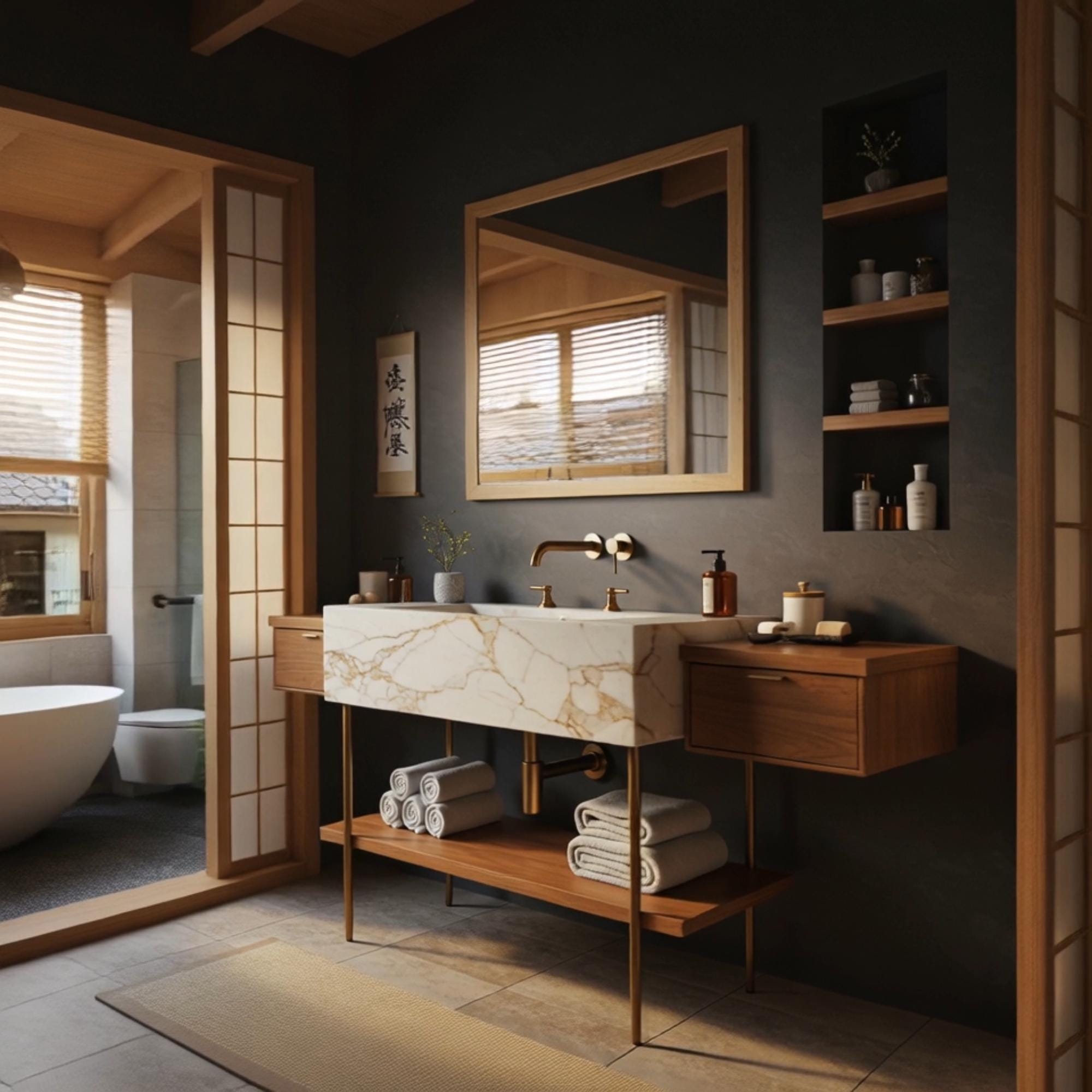 A sleek gold-veined marble sink paired with floating cabinets, offering warmth and elegance to upscale interiors.