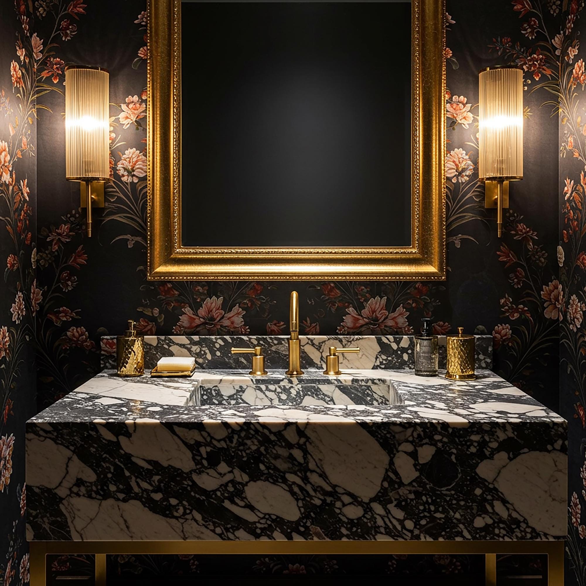 A Grand Antique marble console vanity with bold black and white veining, supported by a brass stand and paired with matching fixtures in an elegant bathroom interior.
