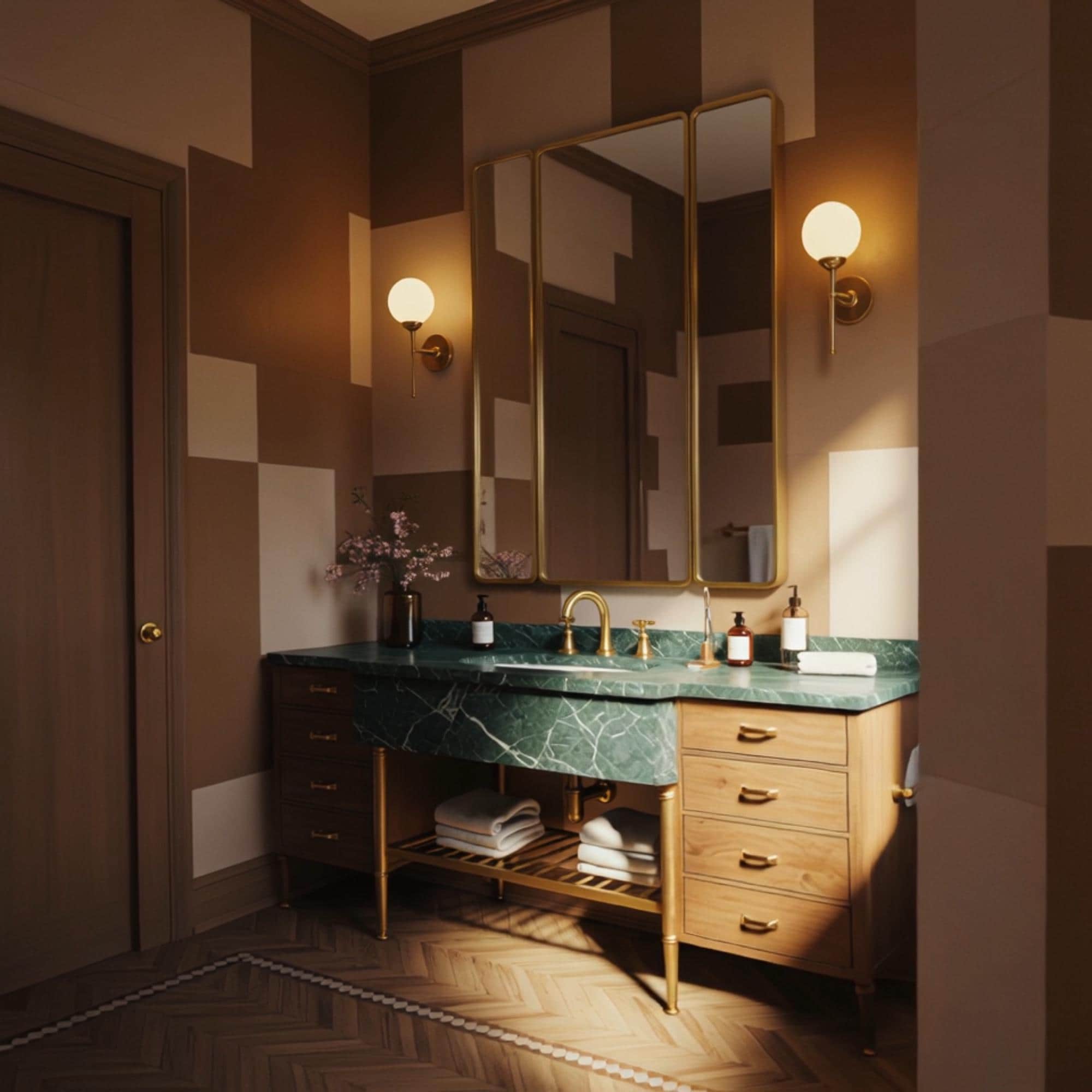 This double-sink vanity features bold green marble, walnut drawer columns, and a brass rack for luxurious functionality.
